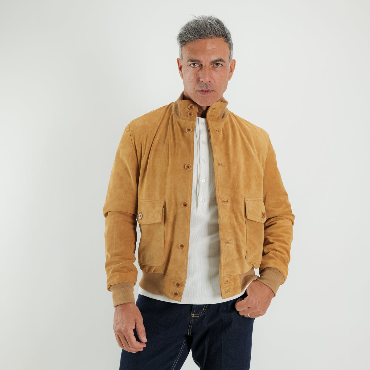 Genuine Split Leather Bomber Jacket with Buttons