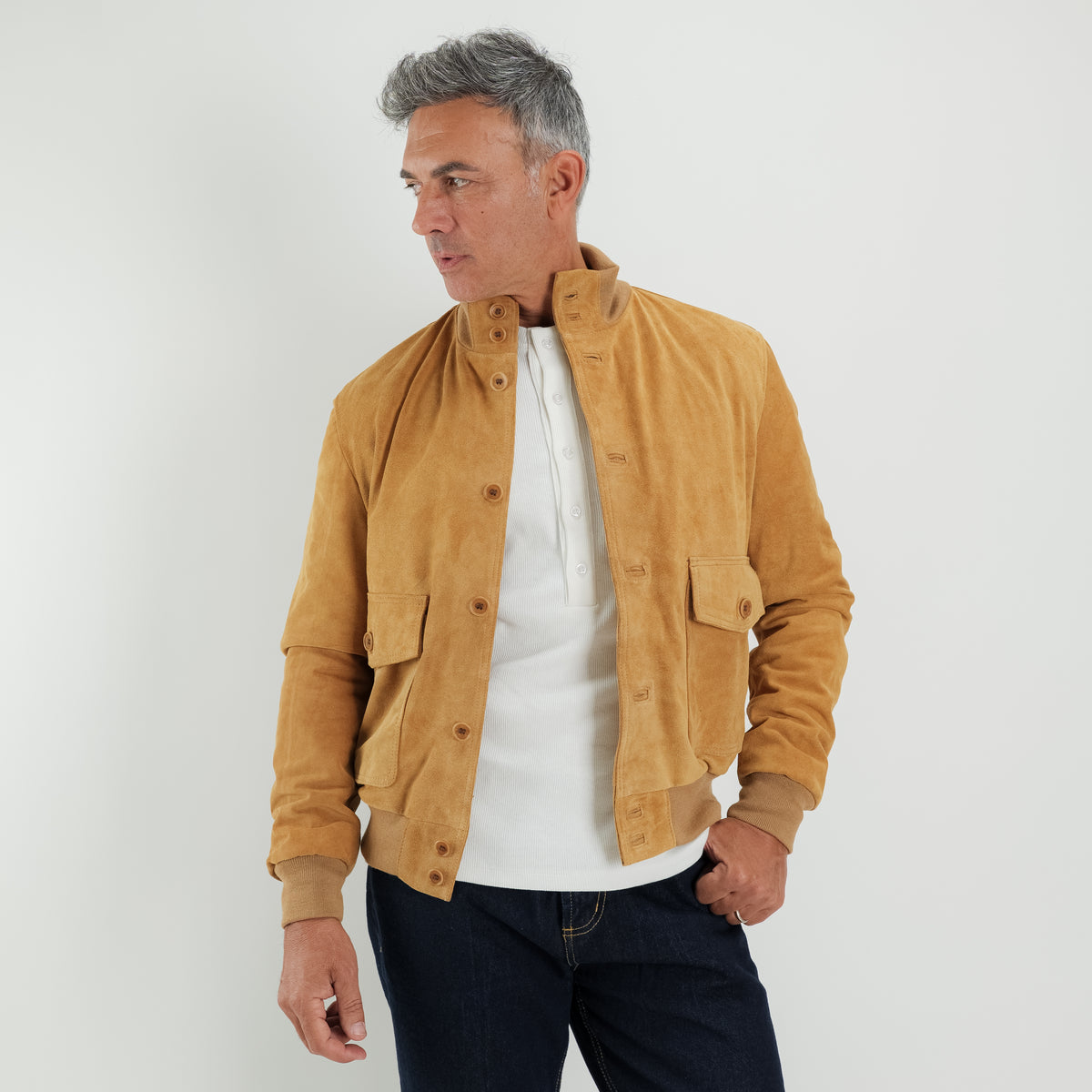 Genuine Split Leather Bomber Jacket with Buttons