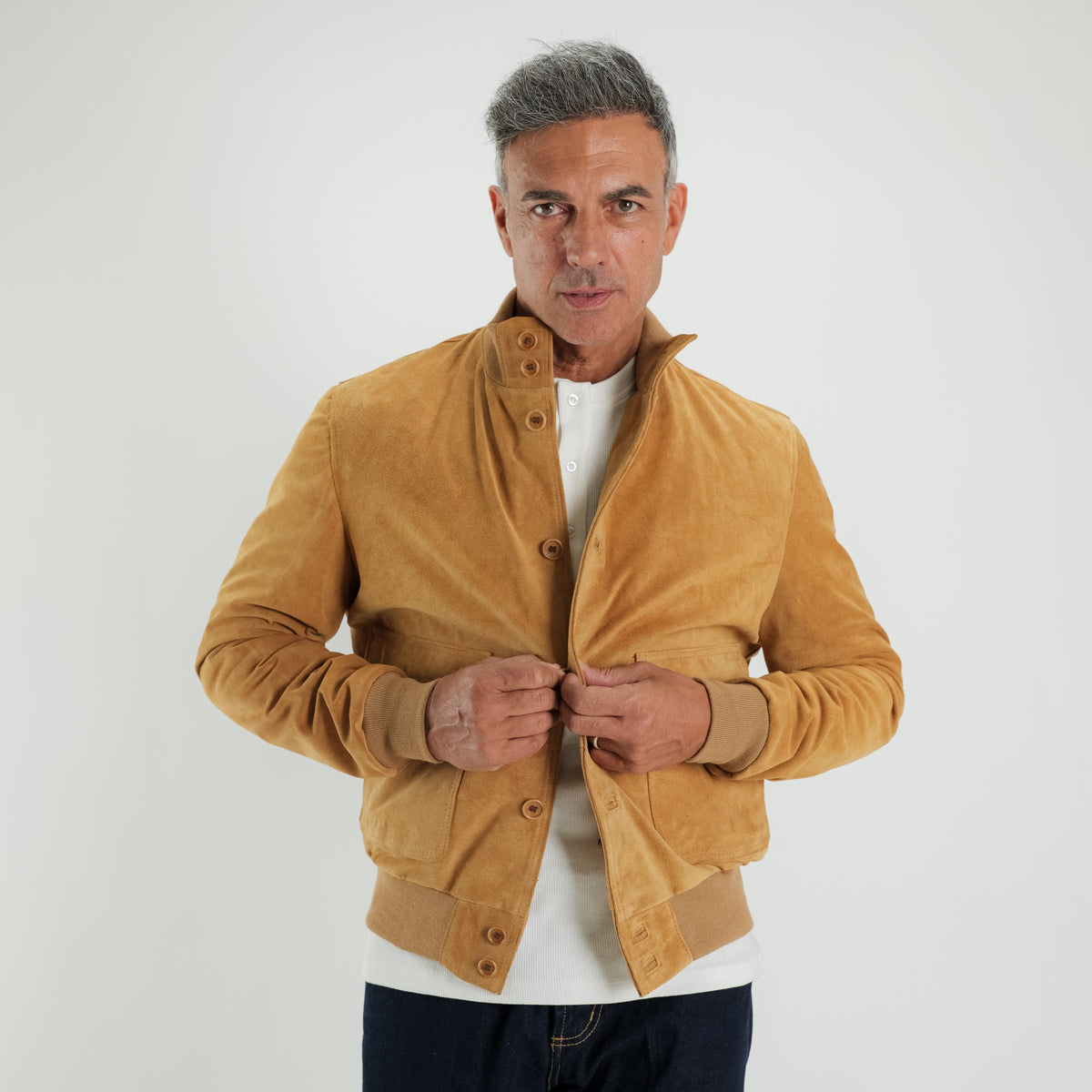Genuine Split Leather Bomber Jacket with Buttons