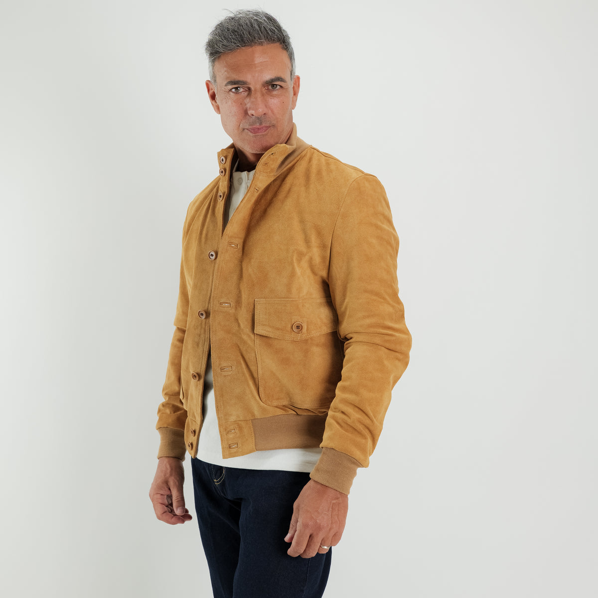 Genuine Split Leather Bomber Jacket with Buttons