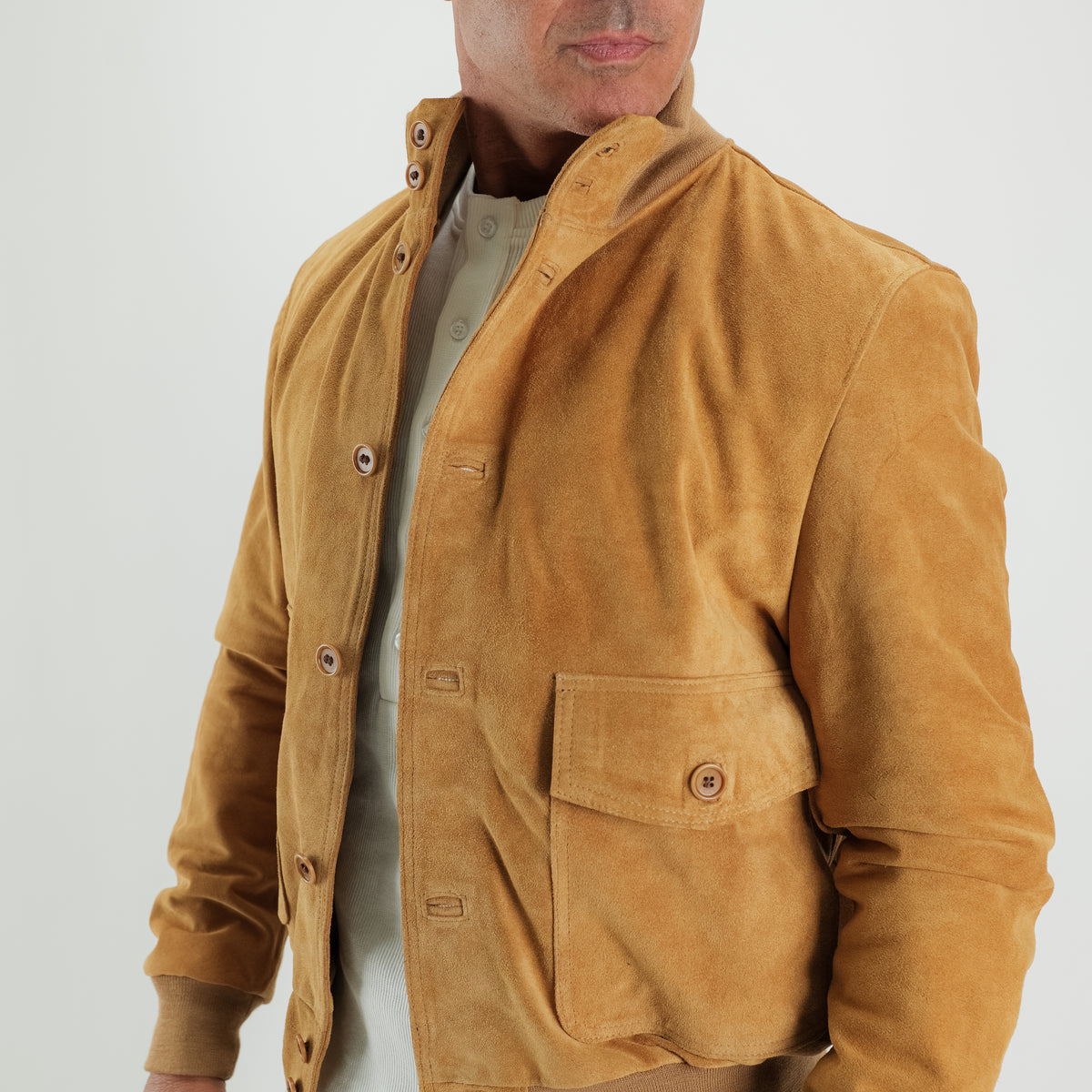 Genuine Split Leather Bomber Jacket with Buttons