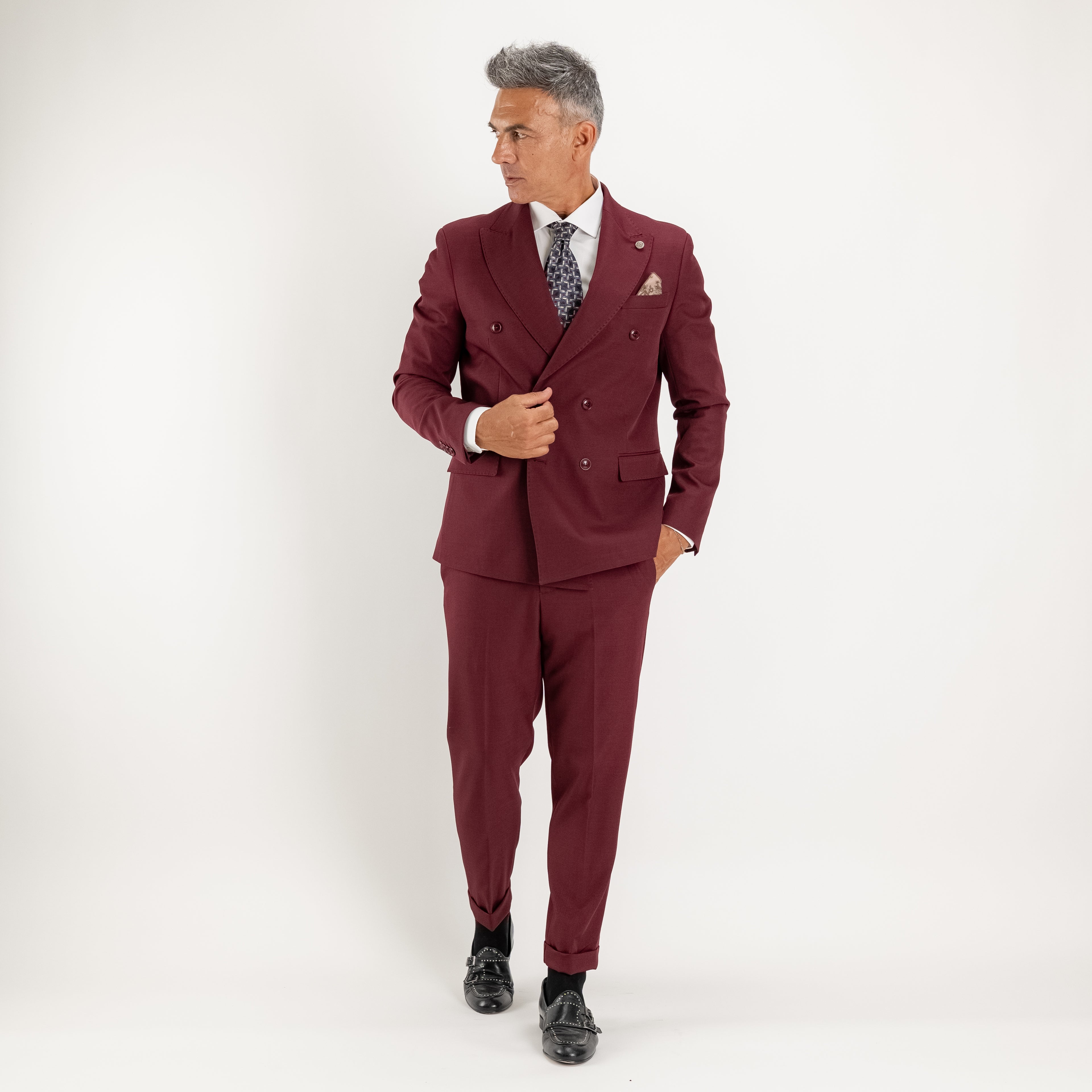 Abito doppio petto con pantalone con fibbia laterale - Prugna