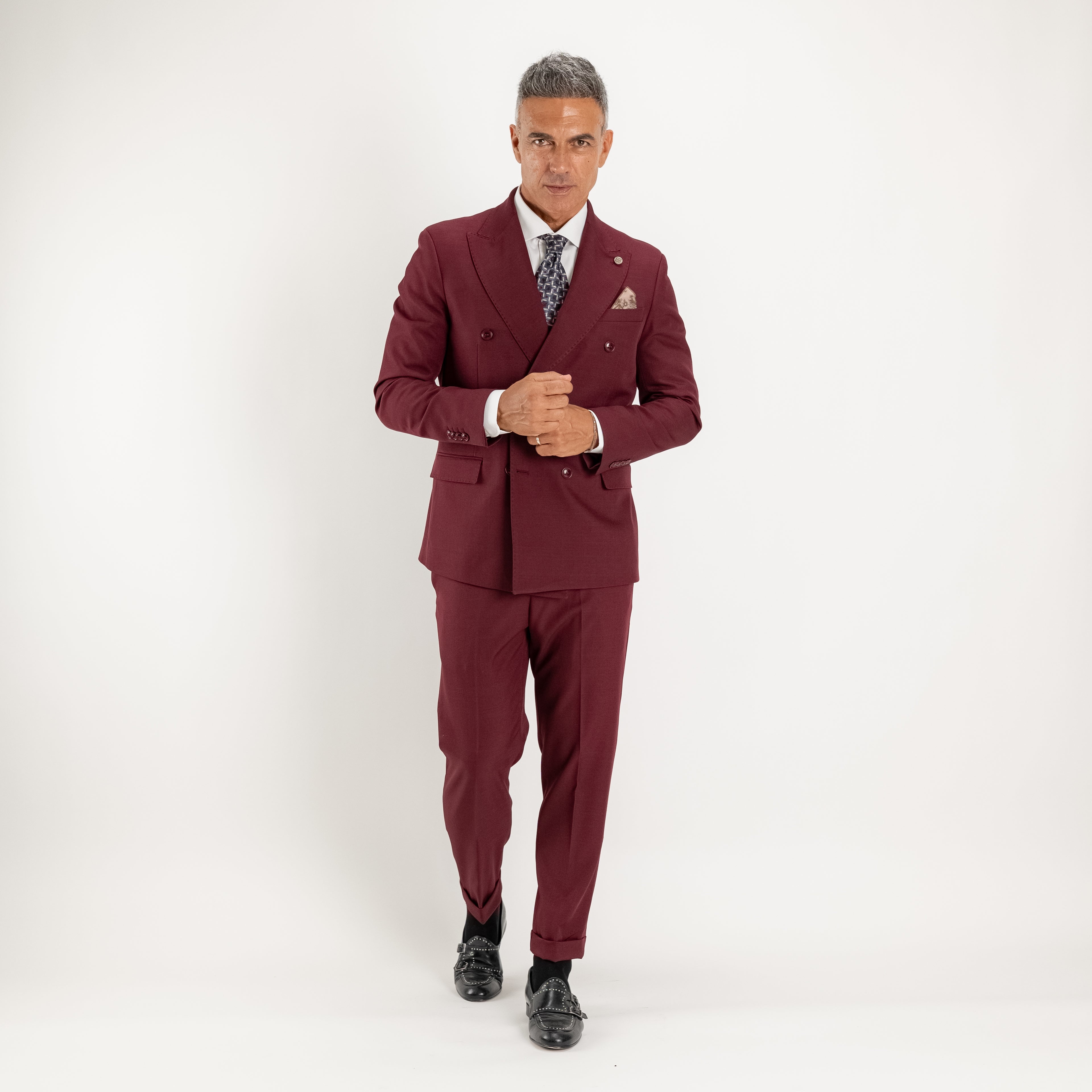 Abito doppio petto con pantalone con fibbia laterale - Prugna