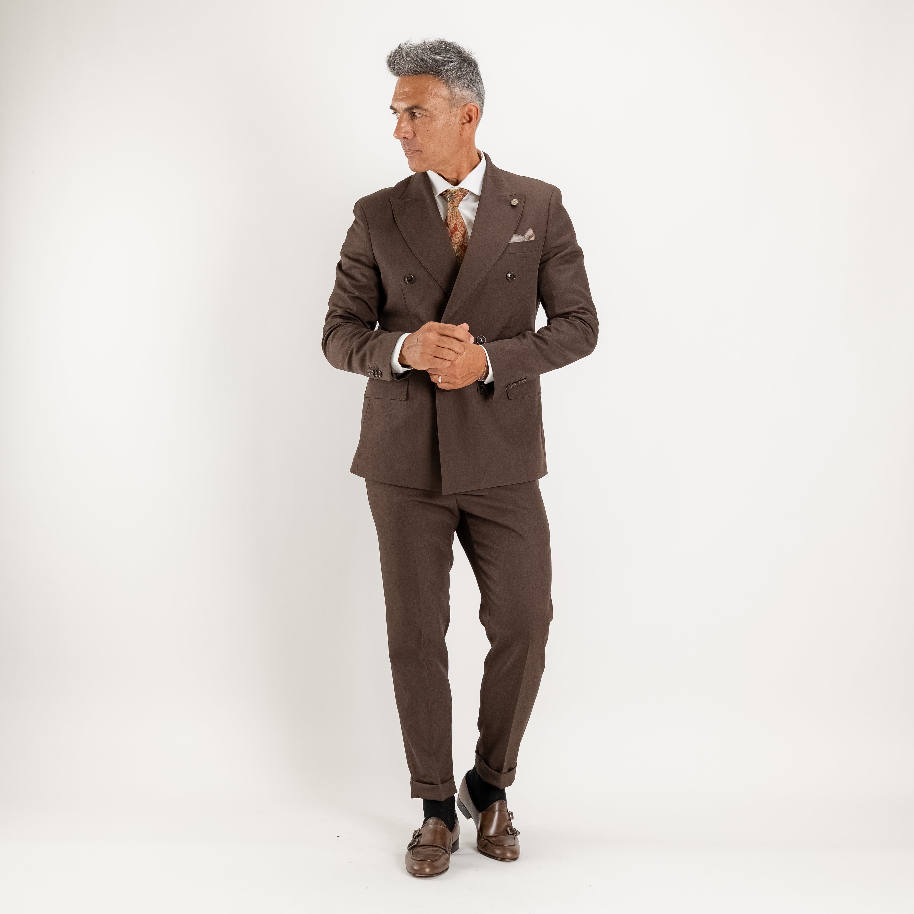 Abito doppio petto con pantalone con fibbia laterale - Moro