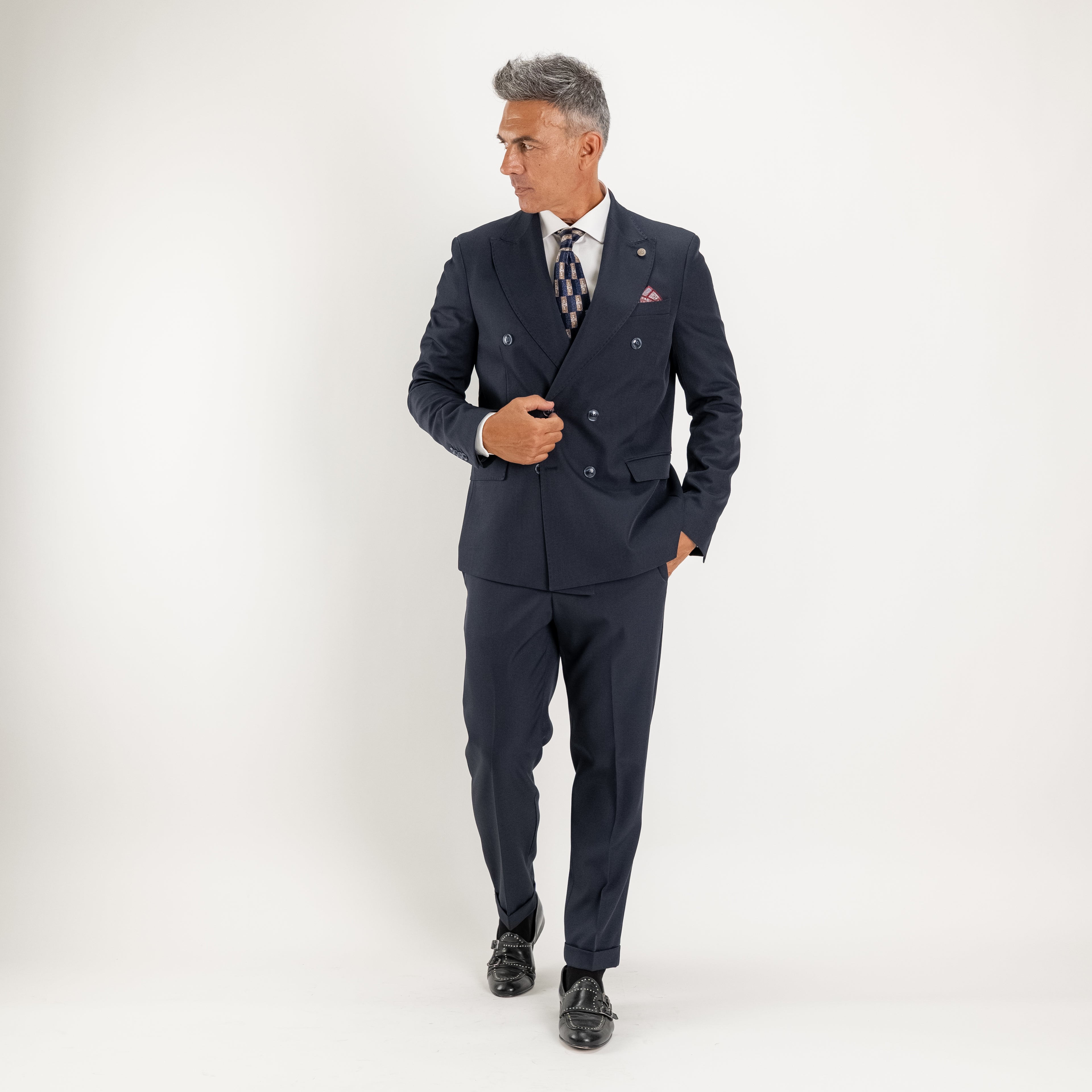 Abito doppio petto con pantalone con fibbia laterale - Blu