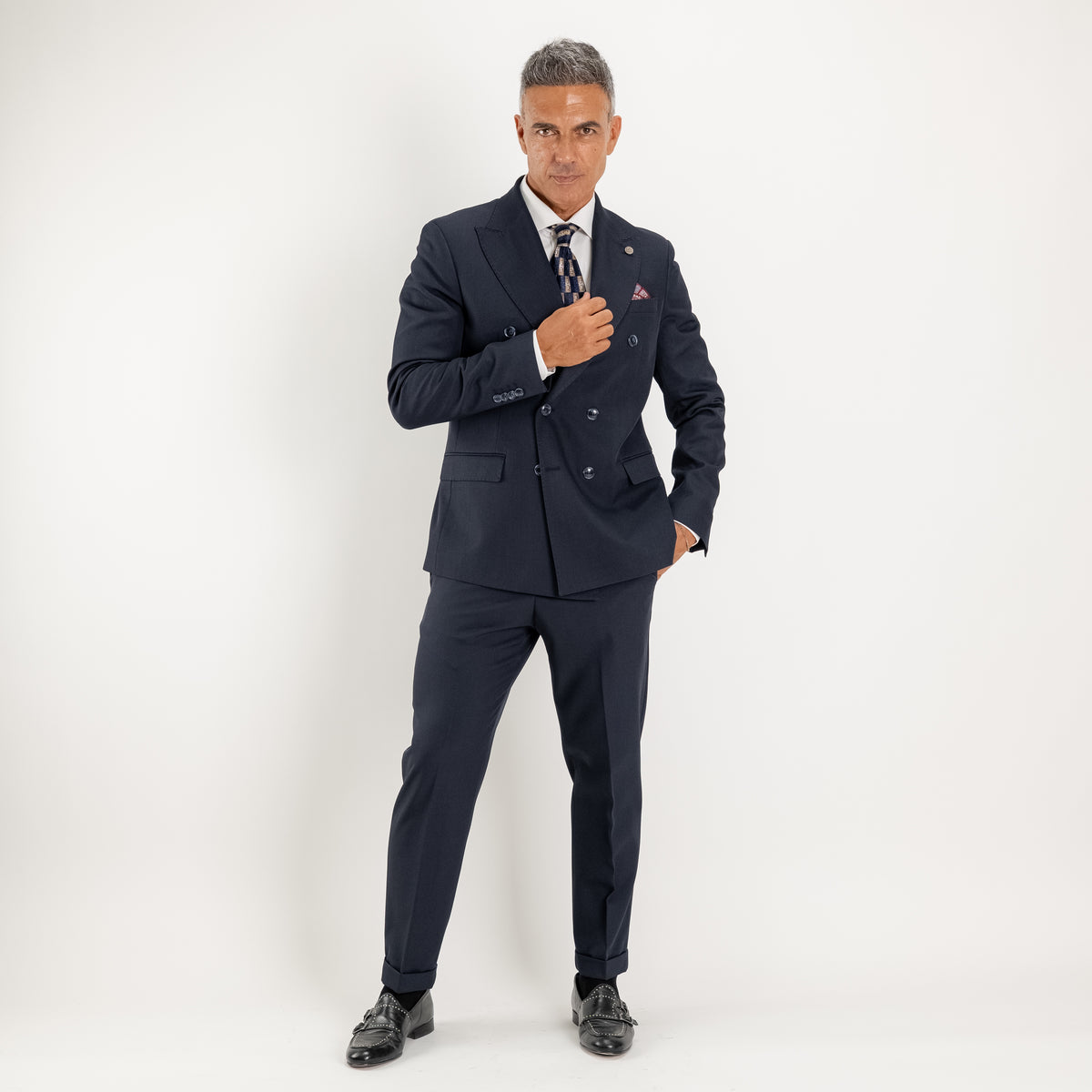 Abito doppio petto con pantalone con fibbia laterale - Blu