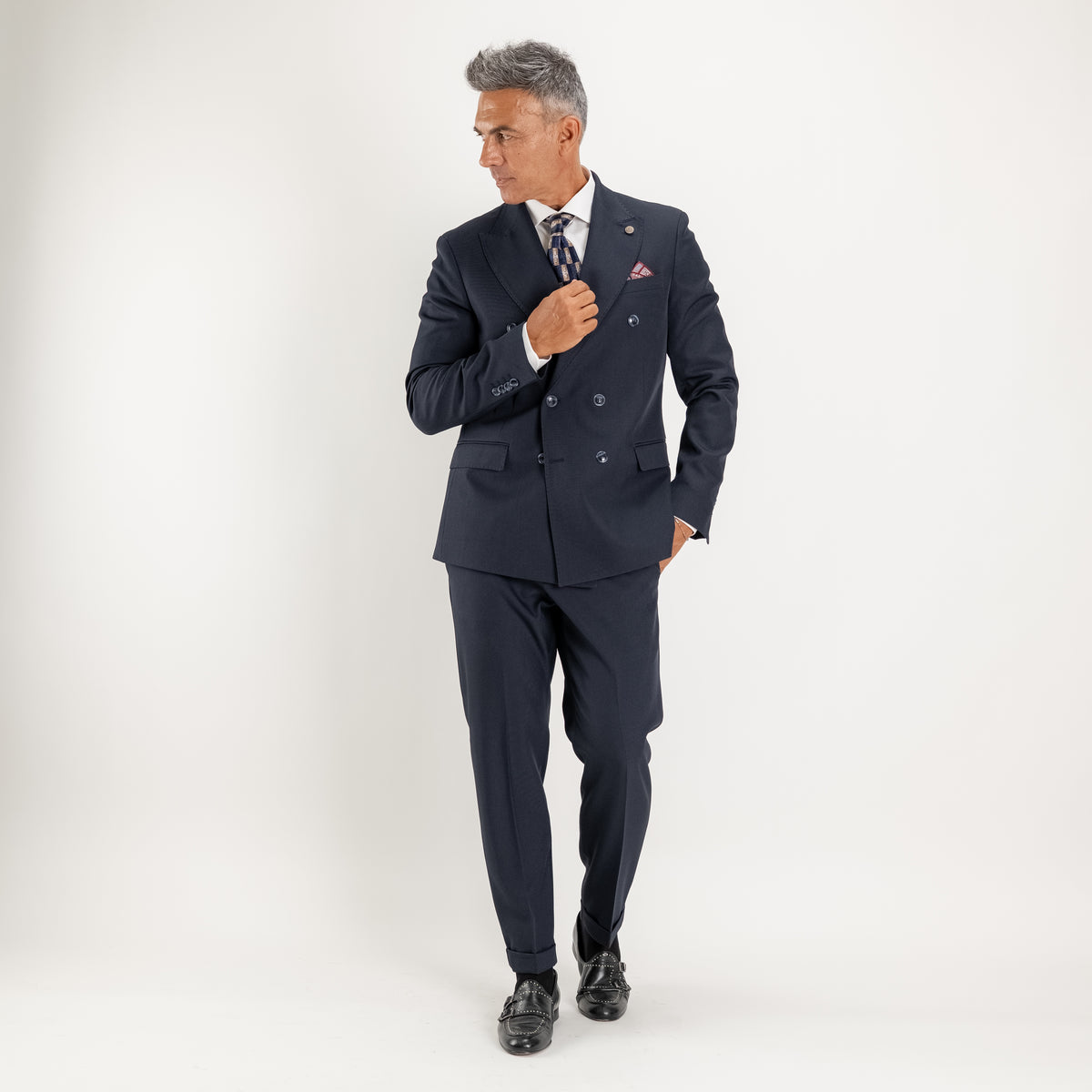 Abito doppio petto con pantalone con fibbia laterale - Blu