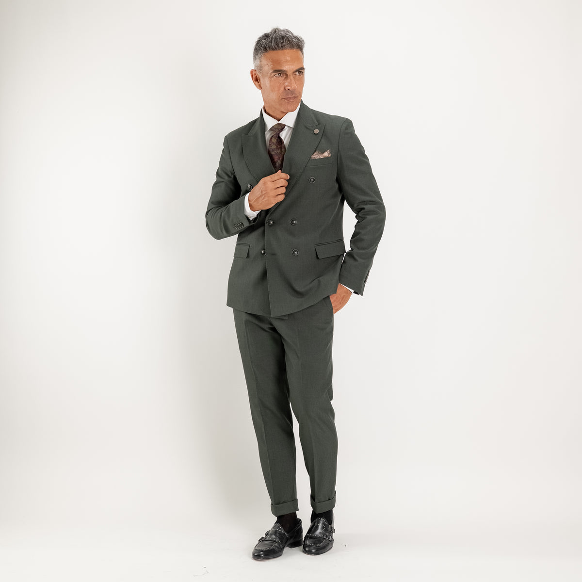 Abito doppio petto con pantalone con fibbia laterale - Verde