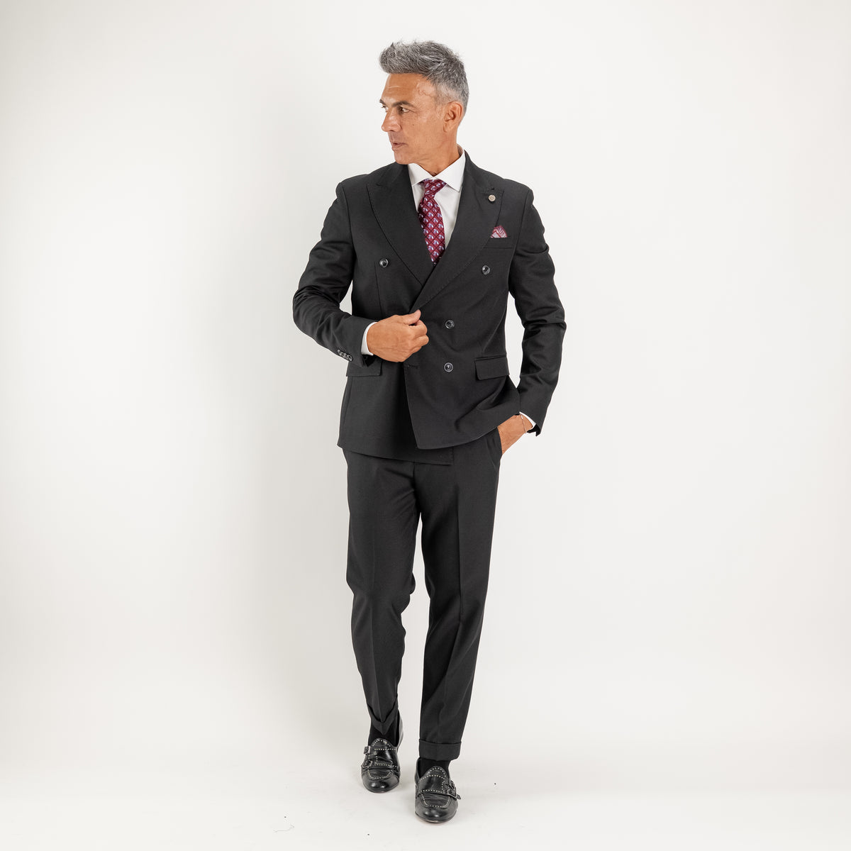 Abito doppio petto con pantalone con fibbia laterale - Nero