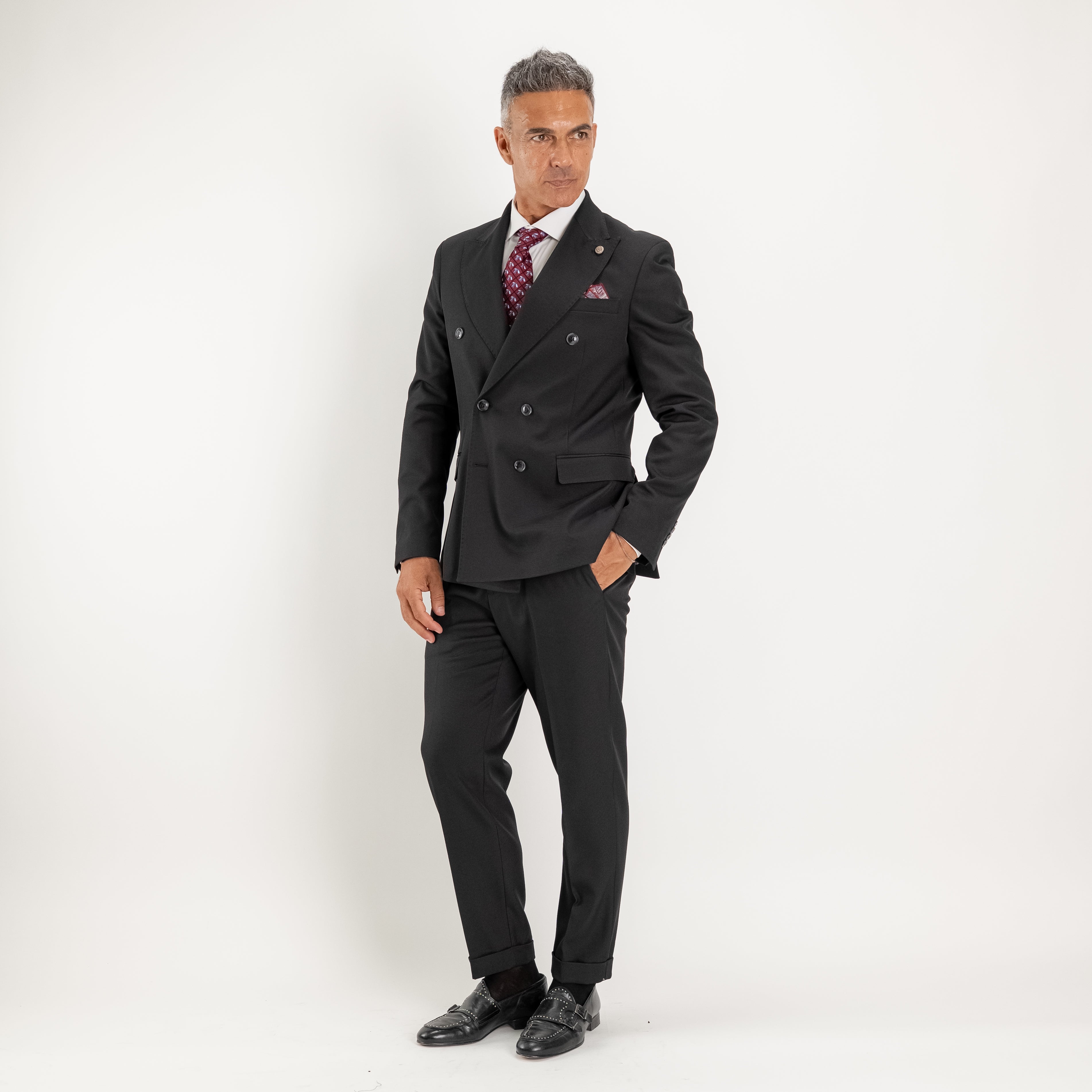 Abito doppio petto con pantalone con fibbia laterale - Nero