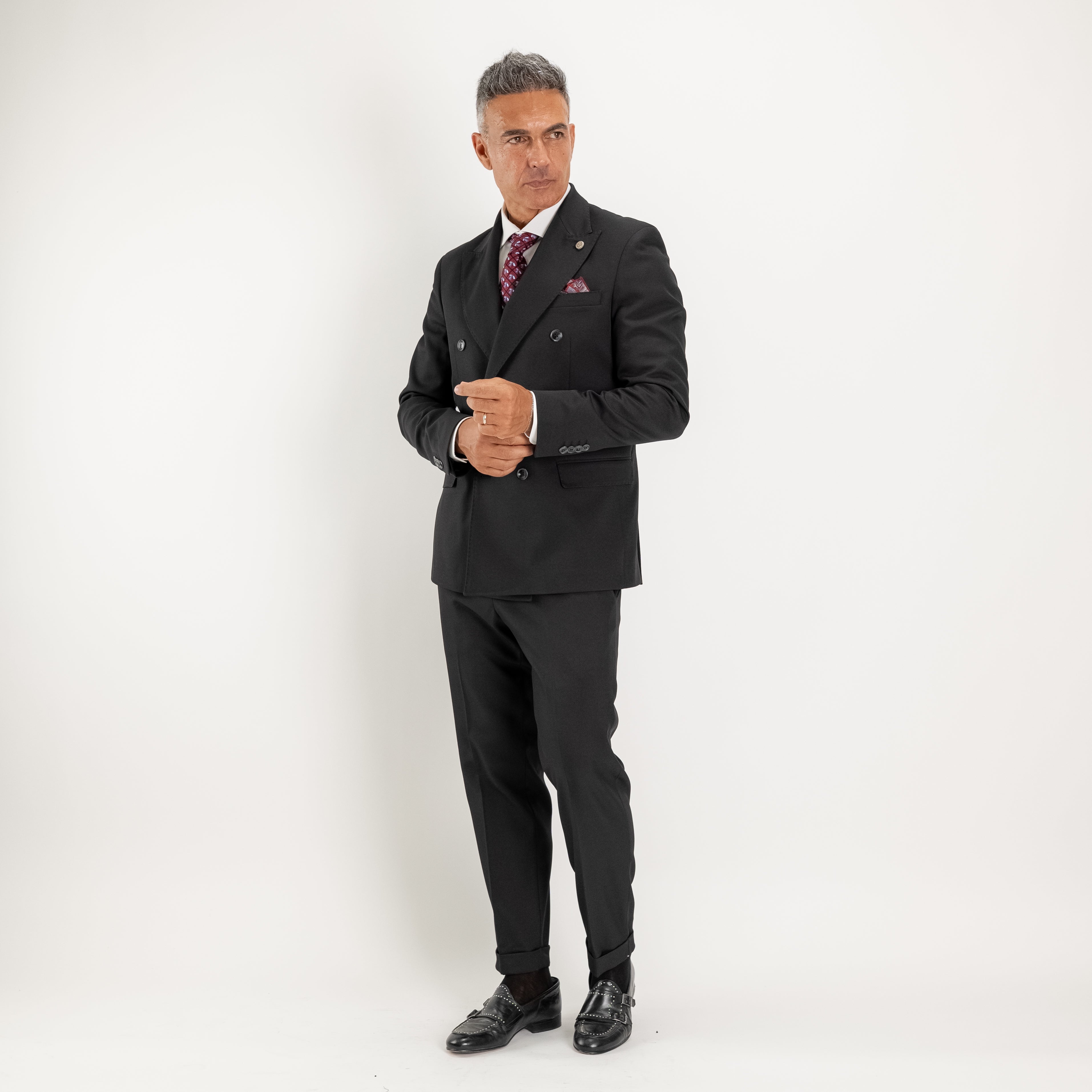 Abito doppio petto con pantalone con fibbia laterale - Nero