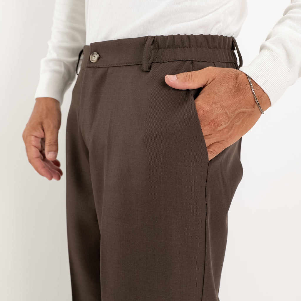 Pantalone palazzo taglio dritto con molla sul retro - Moro