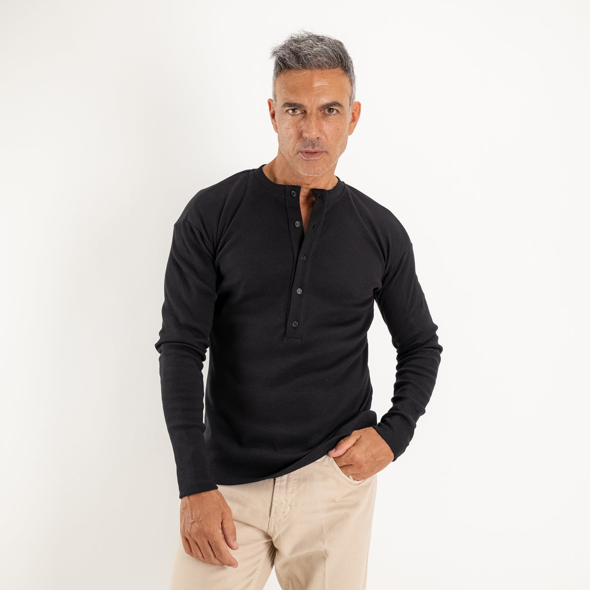 Ribbed Henley Top - Black