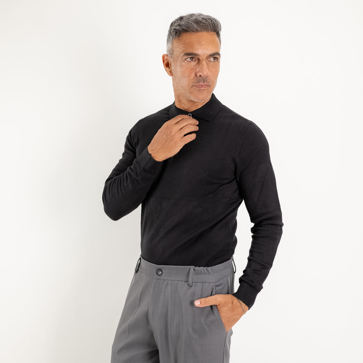 Polo in Filo a Manica lunga - Nero