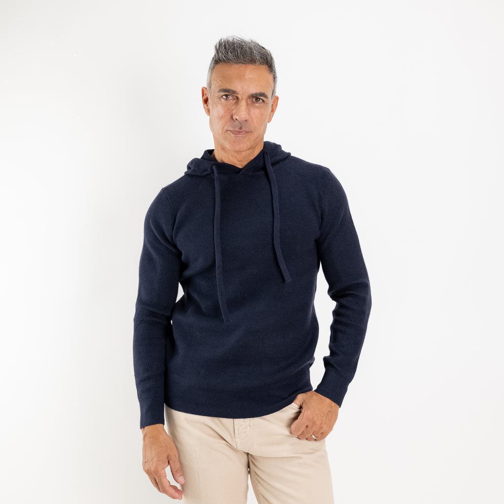 Geribbelde gebreide hoodie met trekkoord - Blauw