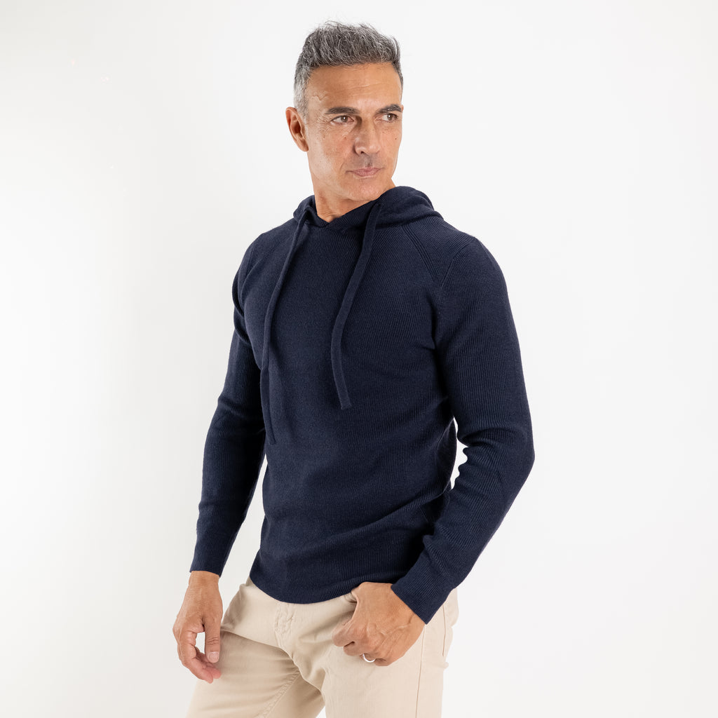 Geribbelde gebreide hoodie met trekkoord - Blauw