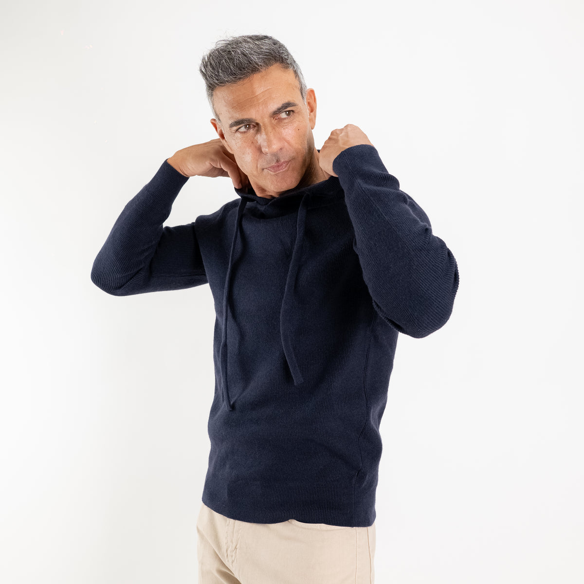 Geribbelde gebreide hoodie met trekkoord - Blauw
