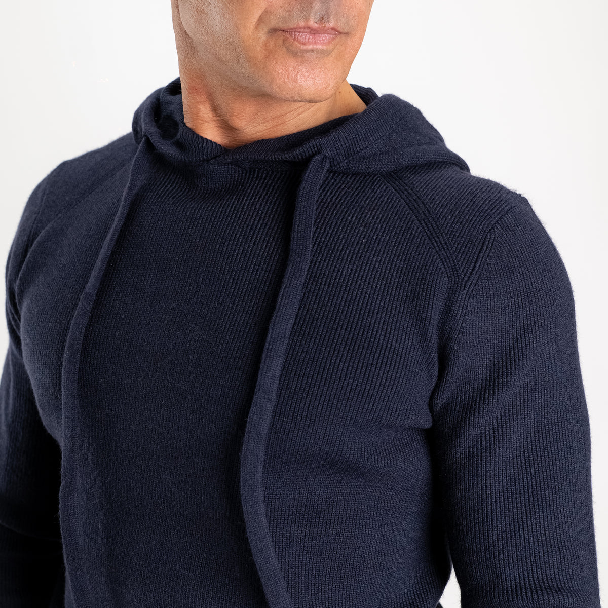 Geribbelde gebreide hoodie met trekkoord - Blauw