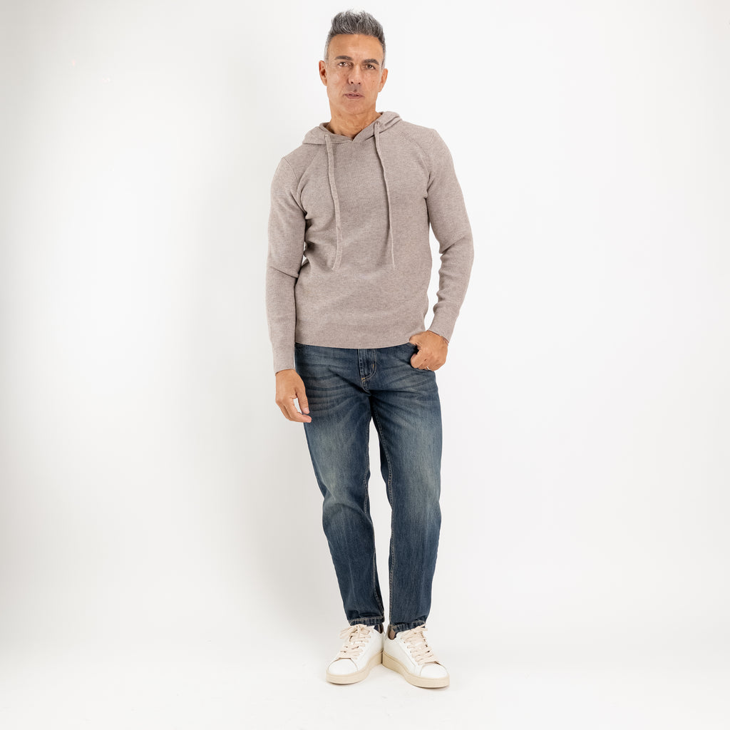 Sudadera de punto acanalado con capucha y cordón ajustable - Color barro