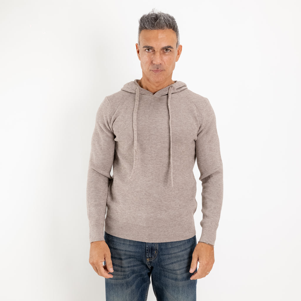 Sudadera de punto acanalado con capucha y cordón ajustable - Color barro