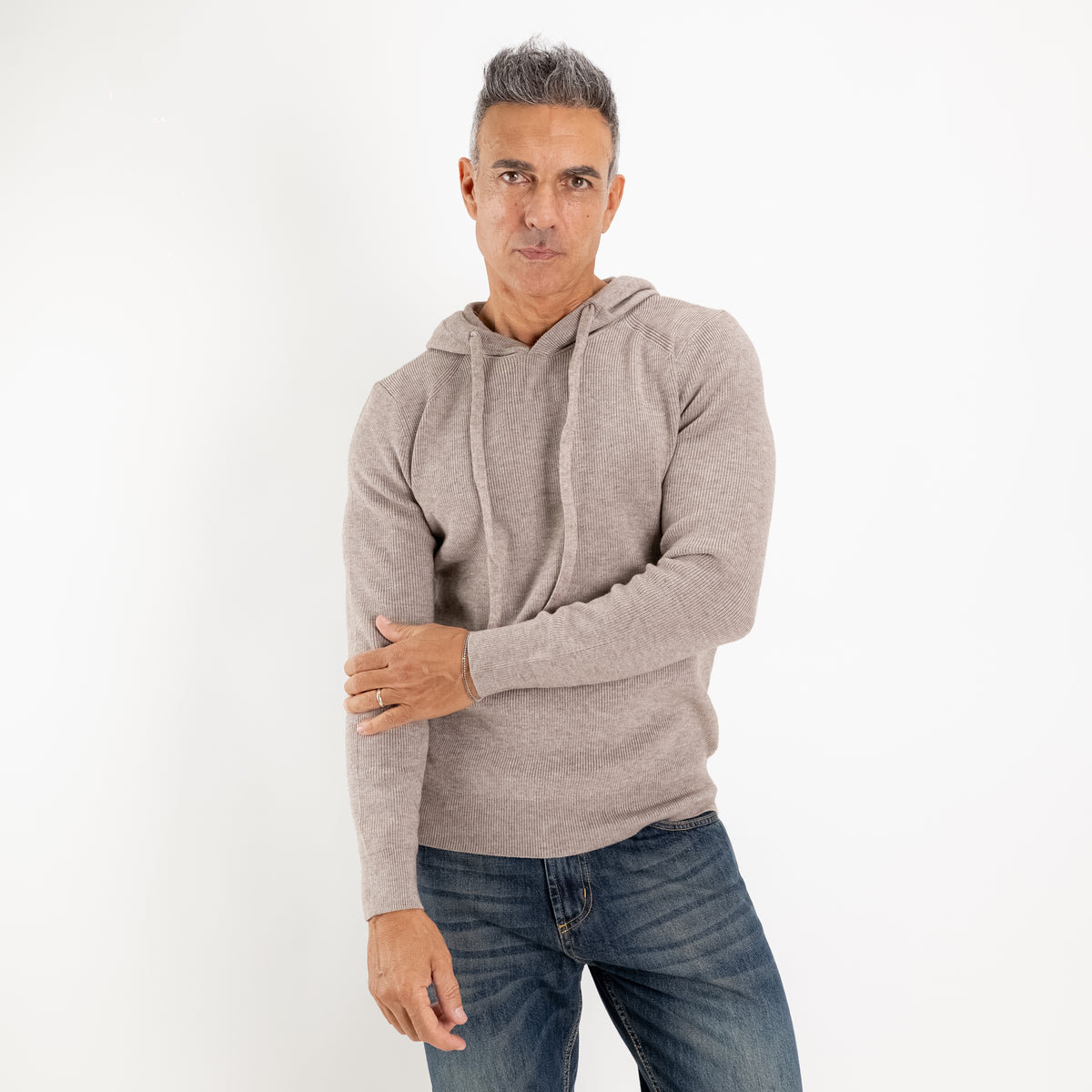 Sudadera de punto acanalado con capucha y cordón ajustable - Color barro