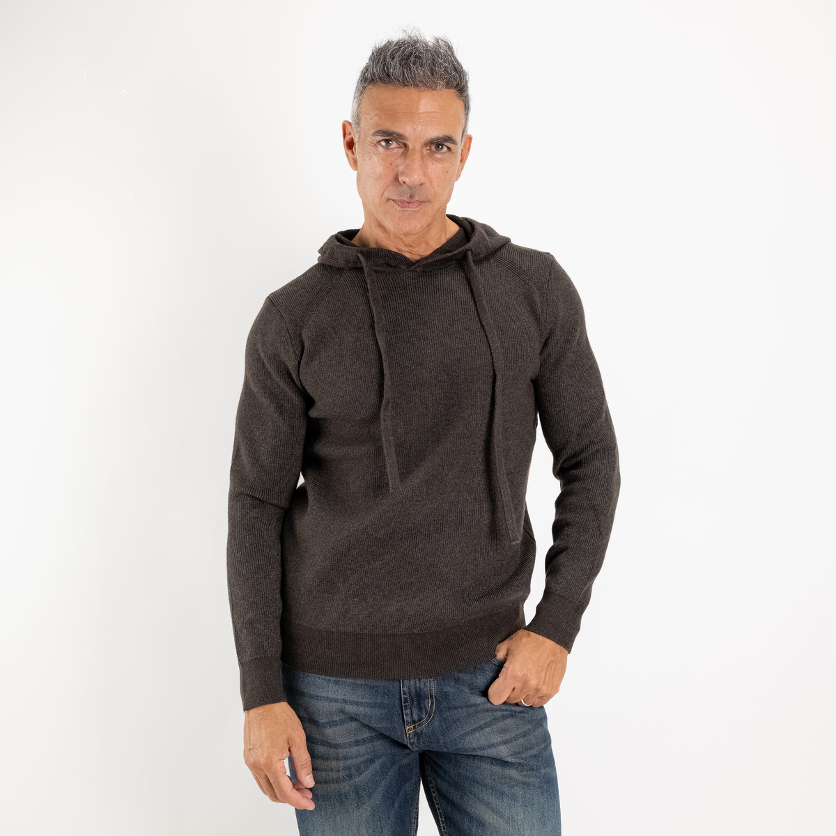 Sudadera de Punto Canalé con Capucha y Cordón - Marrón Oscuro