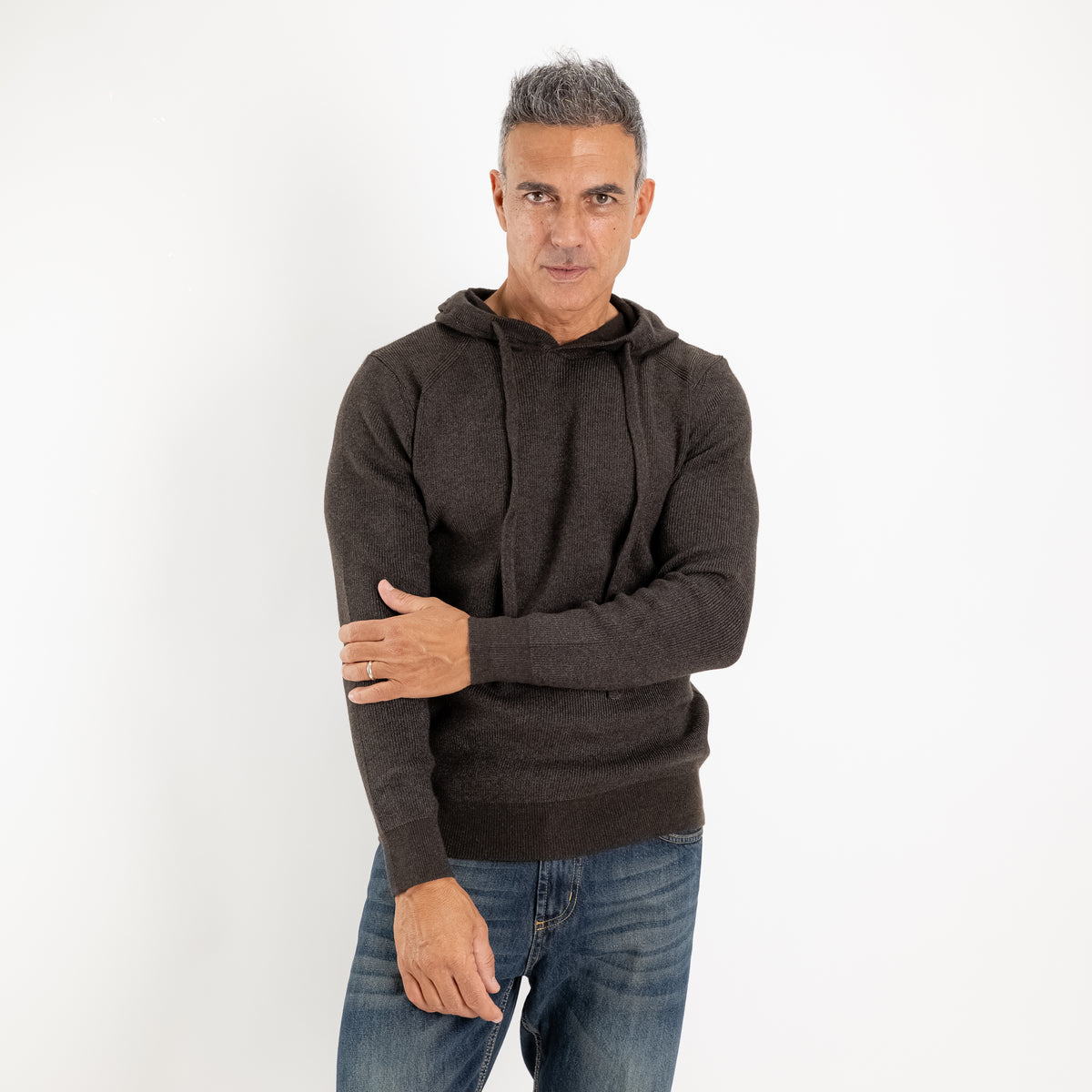 Sudadera de Punto Canalé con Capucha y Cordón - Marrón Oscuro