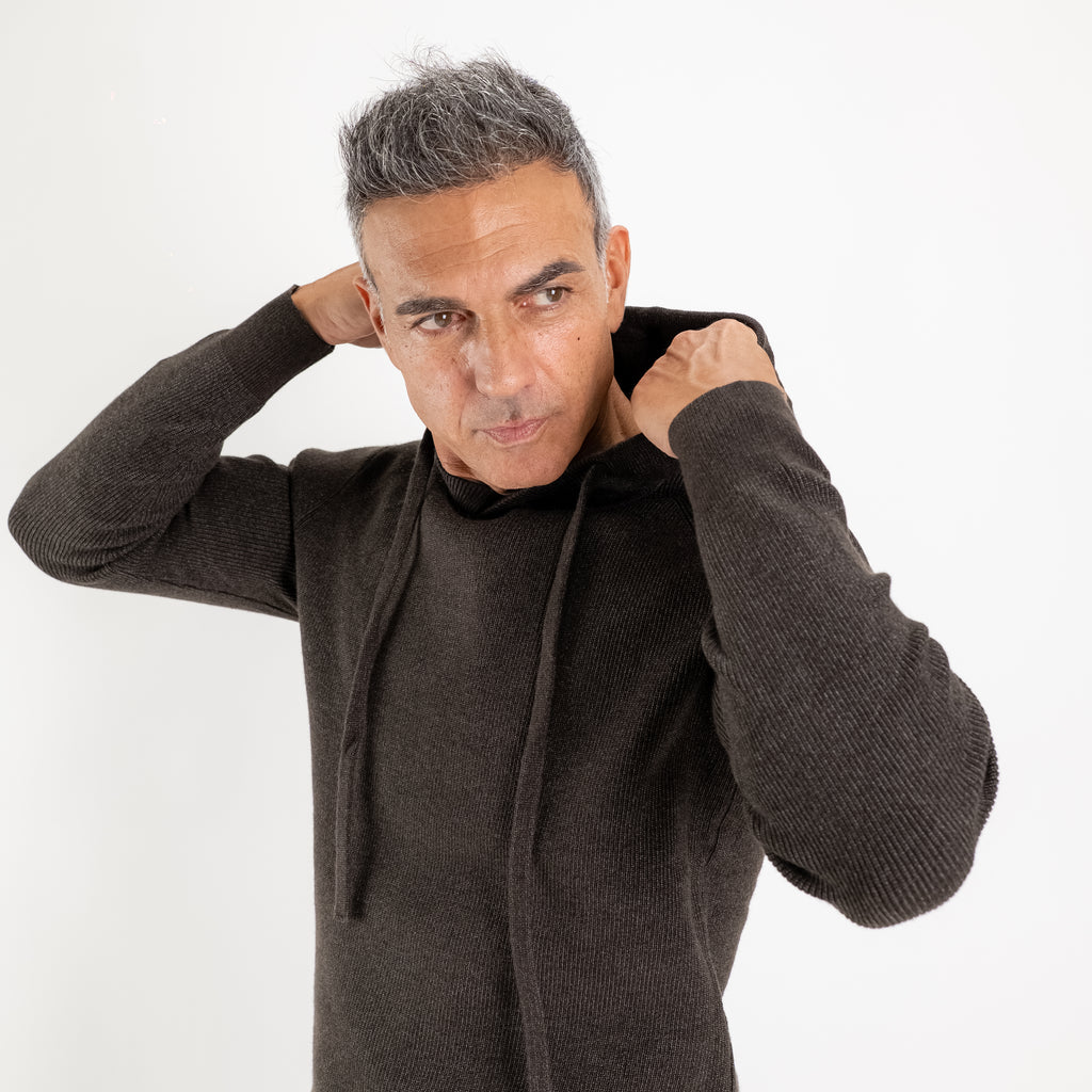 Sudadera de Punto Canalé con Capucha y Cordón - Marrón Oscuro
