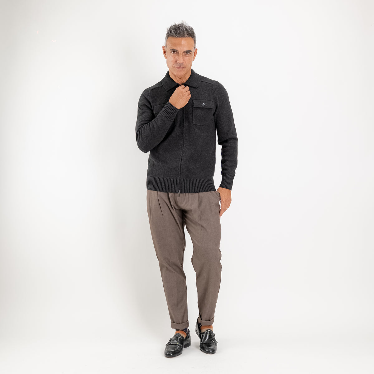 Chaqueta de punto con cremallera y bolsillos aplicados - Negro