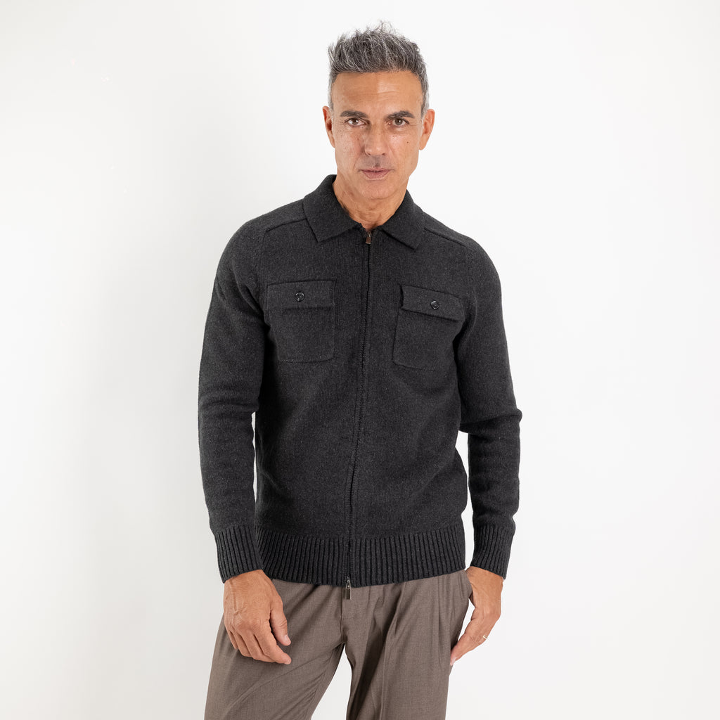 Chaqueta de punto con cremallera y bolsillos aplicados - Negro