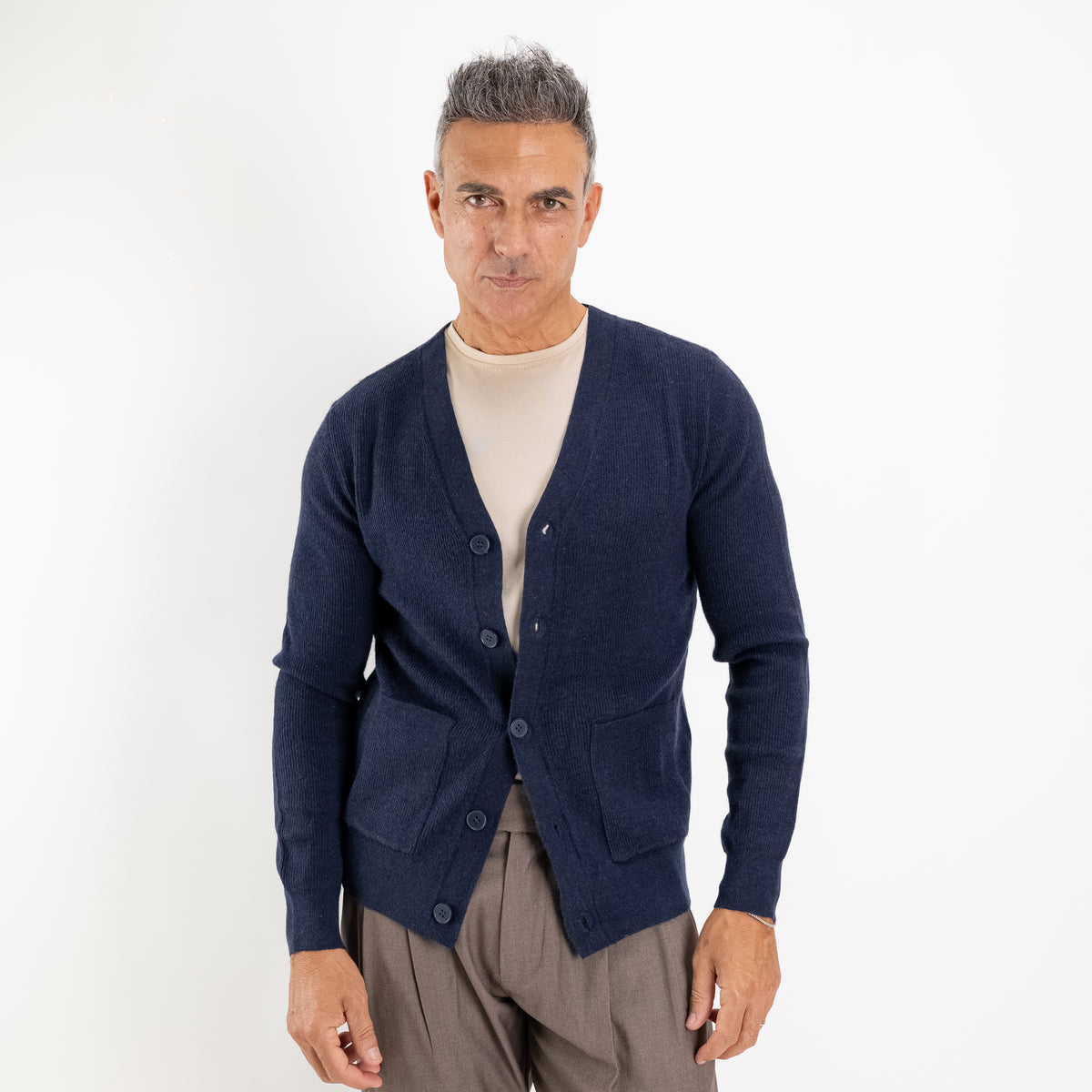 Cárdigan con cuello en V, botones y bolsillos - Azul