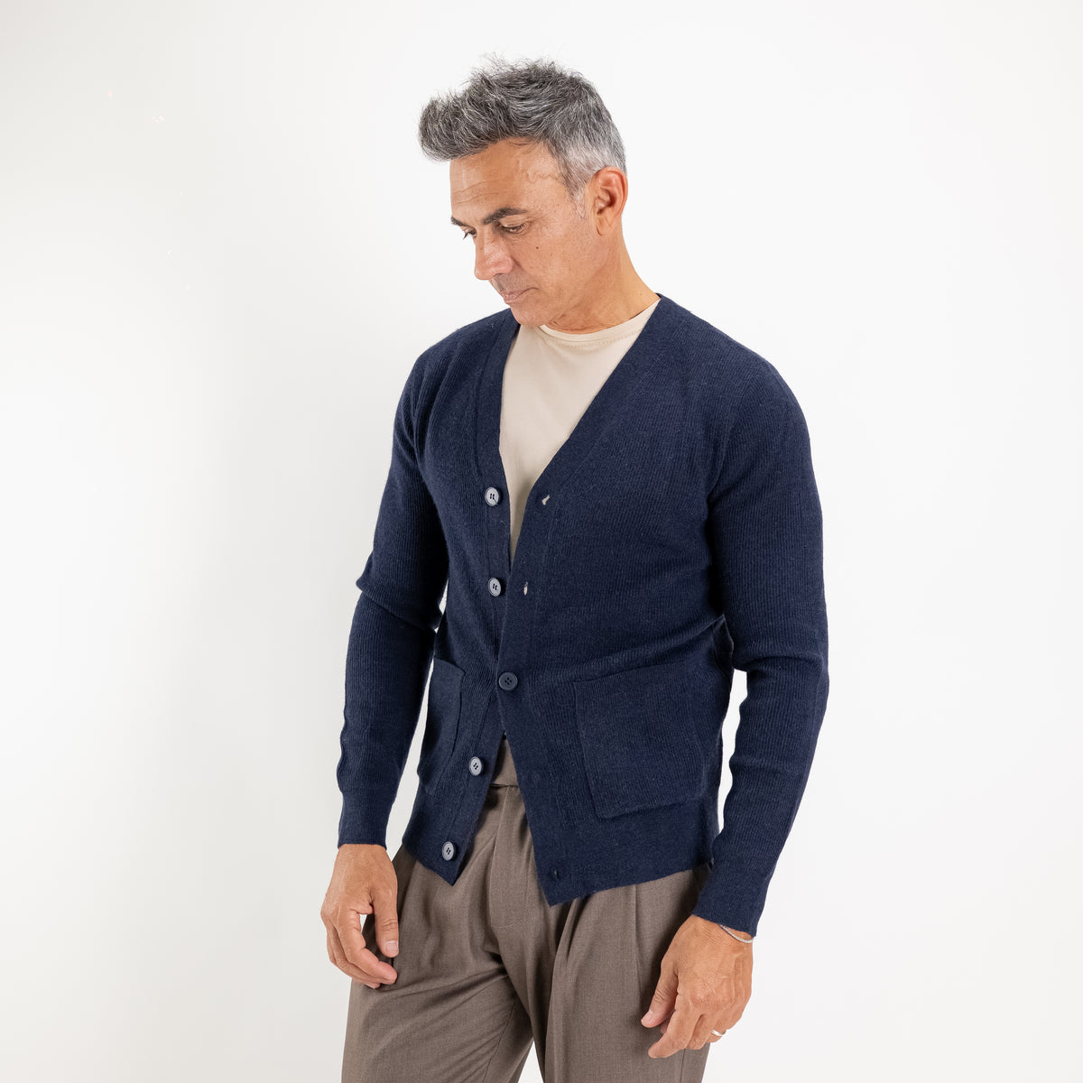 Cárdigan con cuello en V, botones y bolsillos - Azul