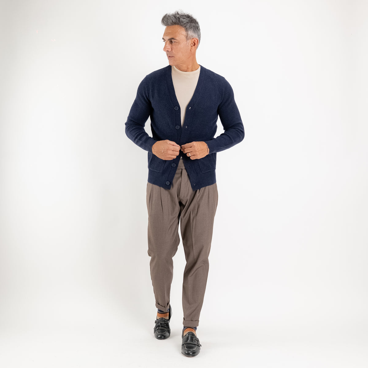Cárdigan con cuello en V, botones y bolsillos - Azul