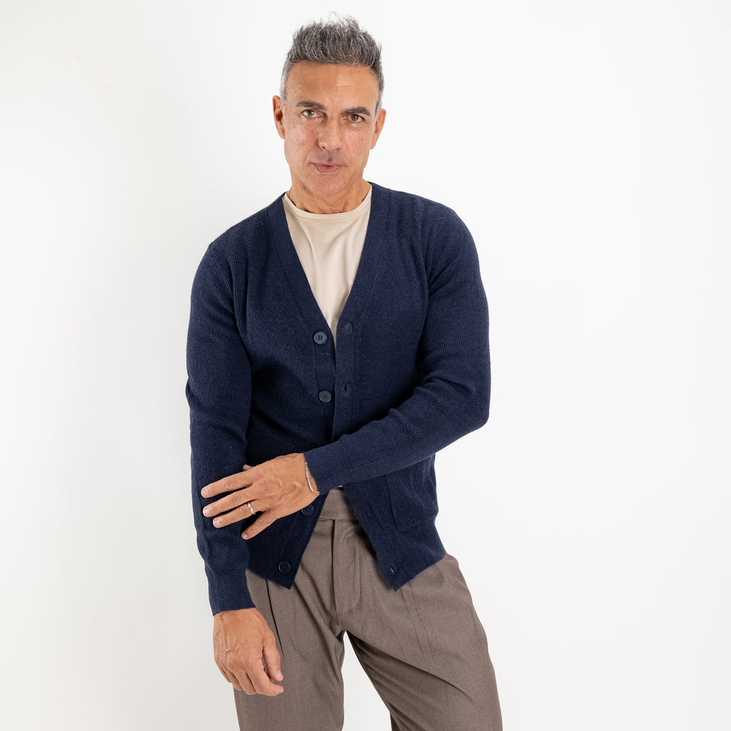 Cárdigan con cuello en V, botones y bolsillos - Azul