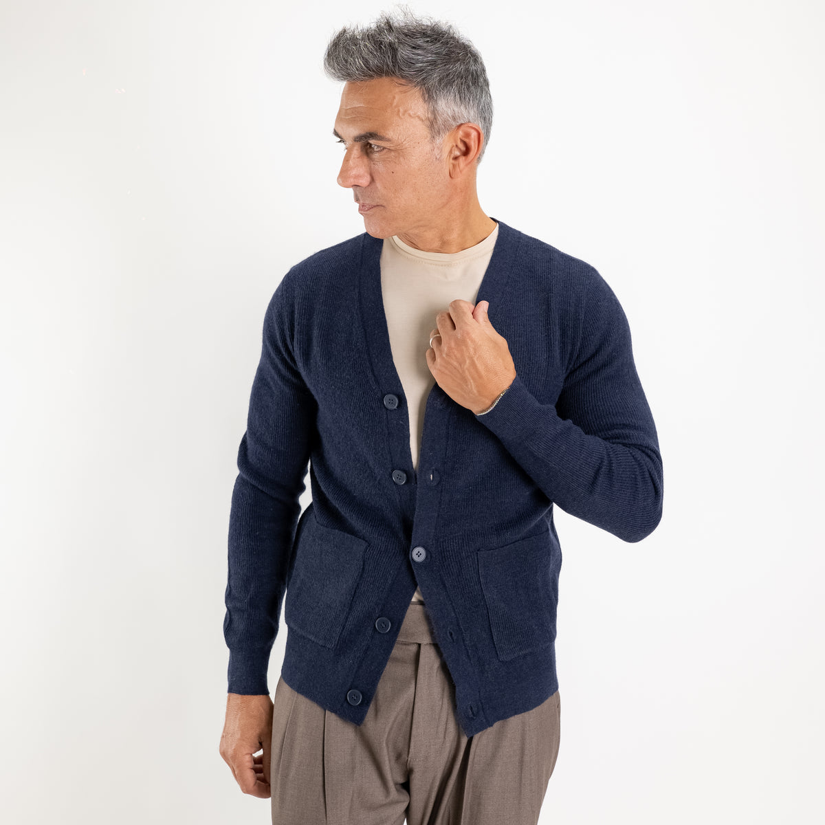 Cárdigan con cuello en V, botones y bolsillos - Azul
