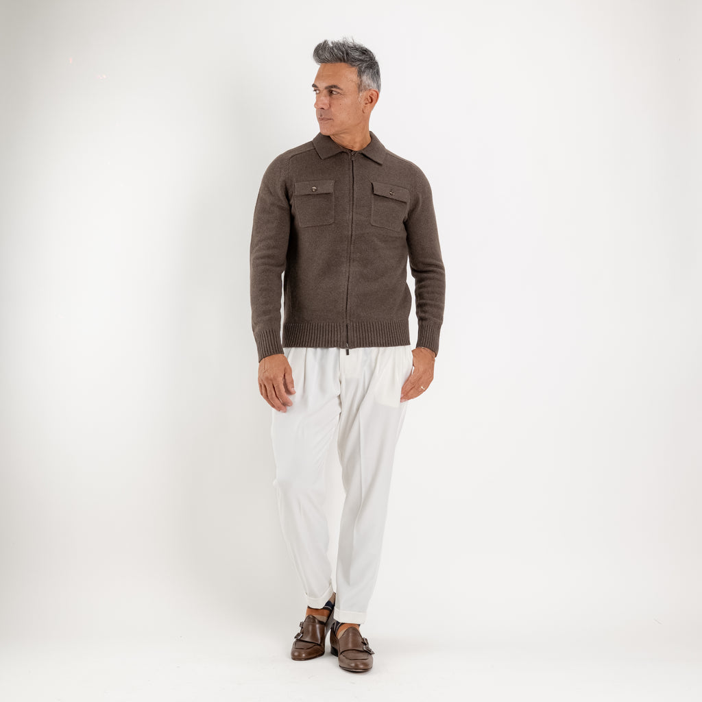 Veste zippée en maille avec poches plaquées - Marron foncé