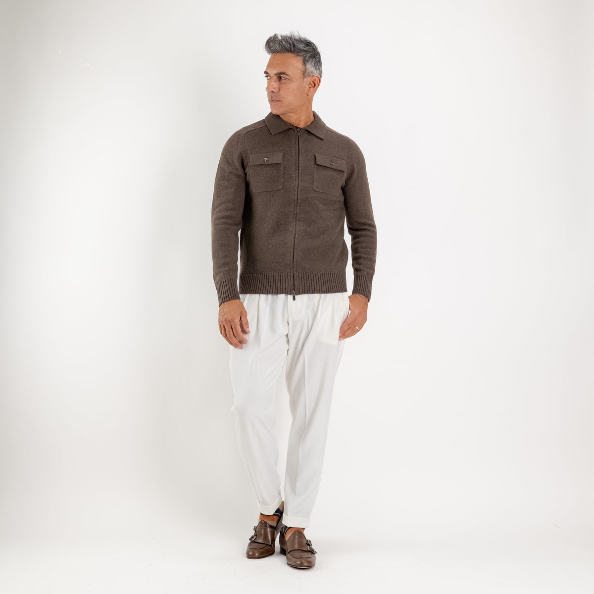 Veste zippée en maille avec poches plaquées - Marron foncé