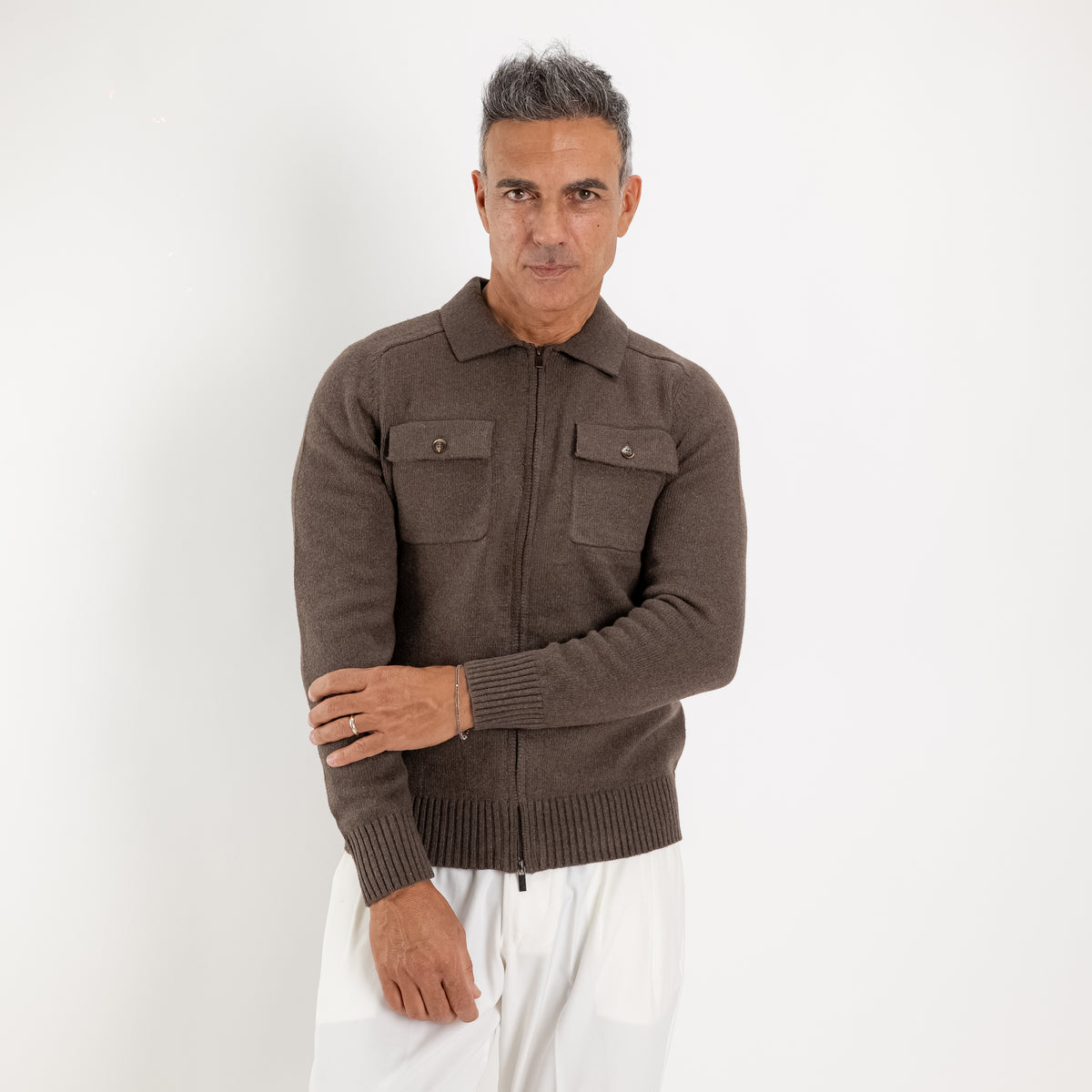 Veste zippée en maille avec poches plaquées - Marron foncé