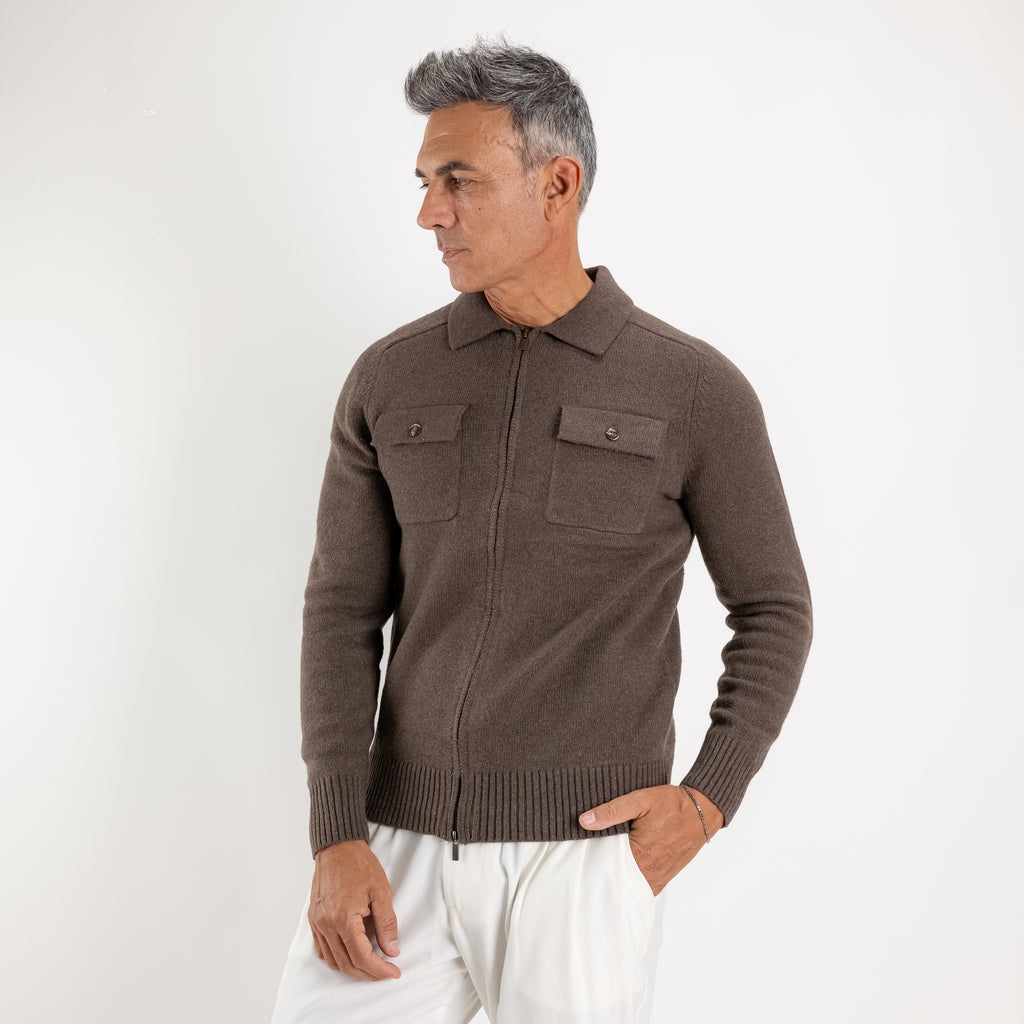 Veste zippée en maille avec poches plaquées - Marron foncé
