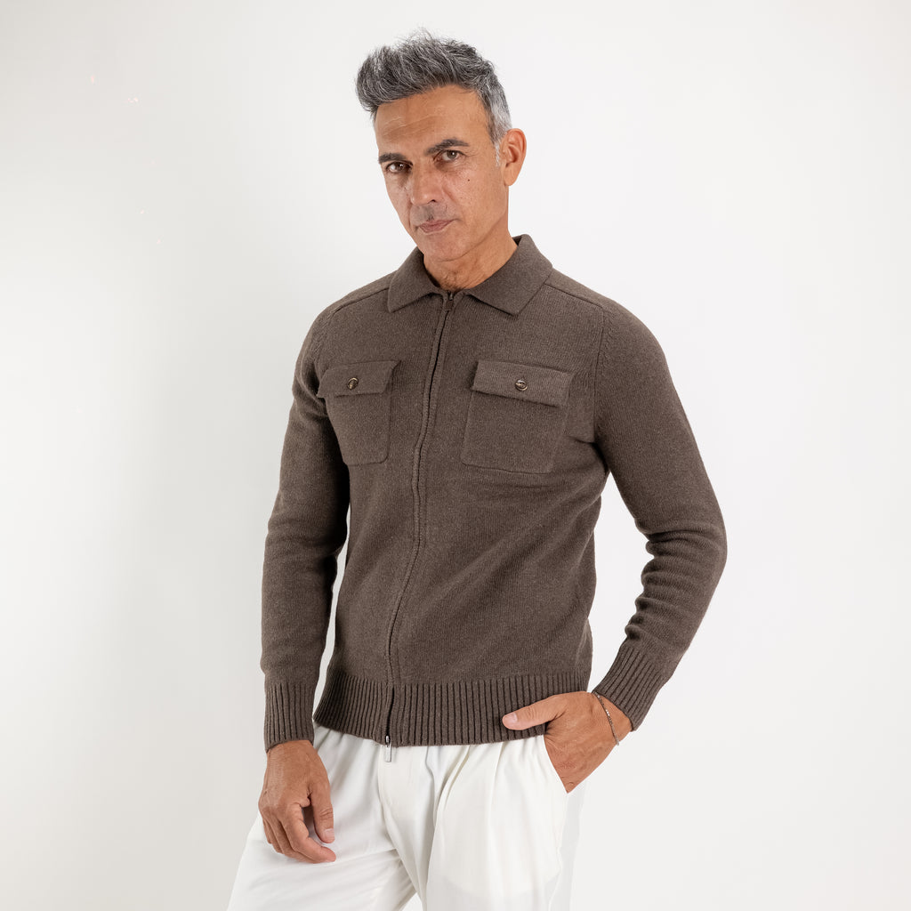 Veste zippée en maille avec poches plaquées - Marron foncé