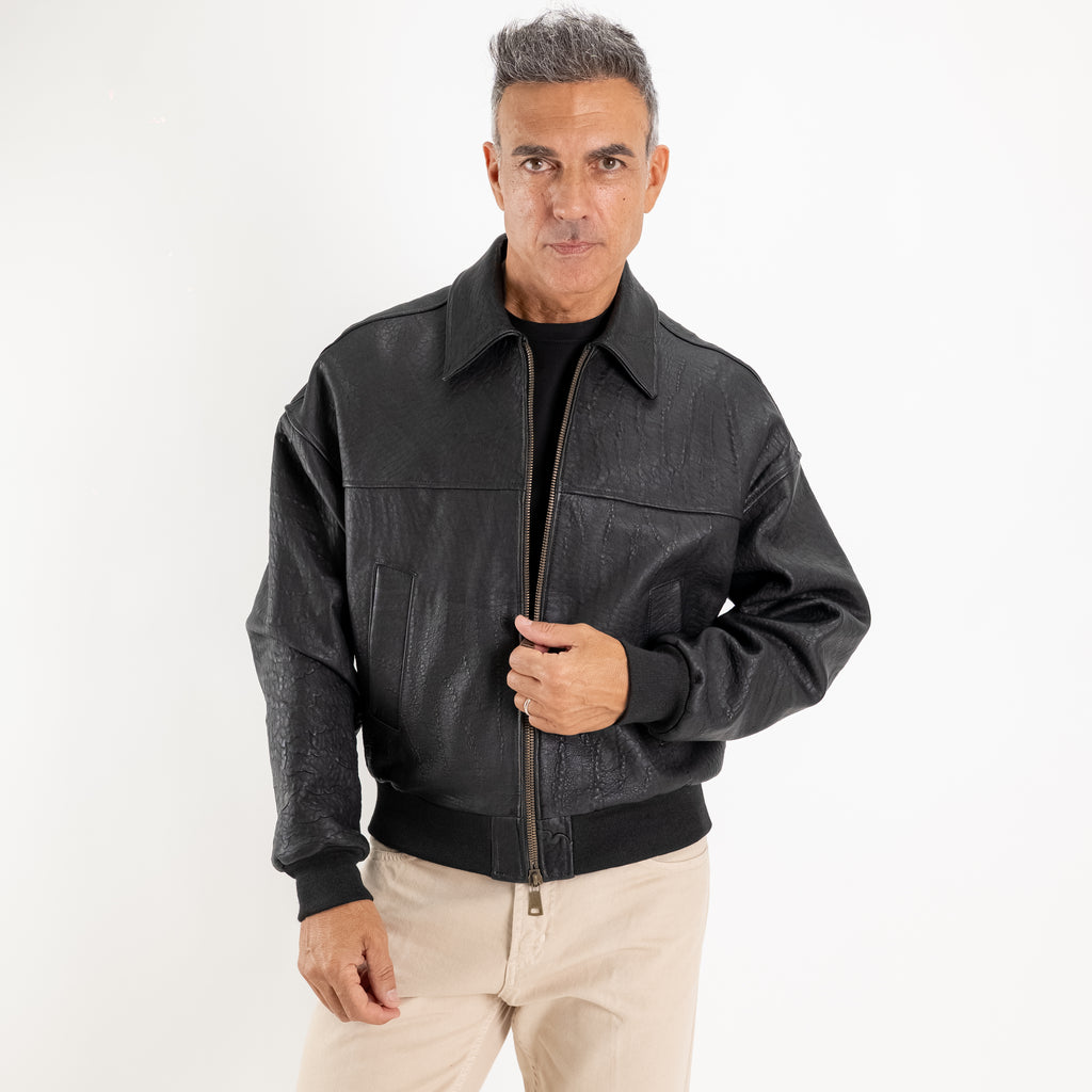Giacca in Vera Pelle Effetto Materico con Colletto Classico - Nero