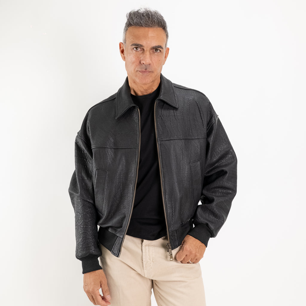 Giacca in Vera Pelle Effetto Materico con Colletto Classico - Nero