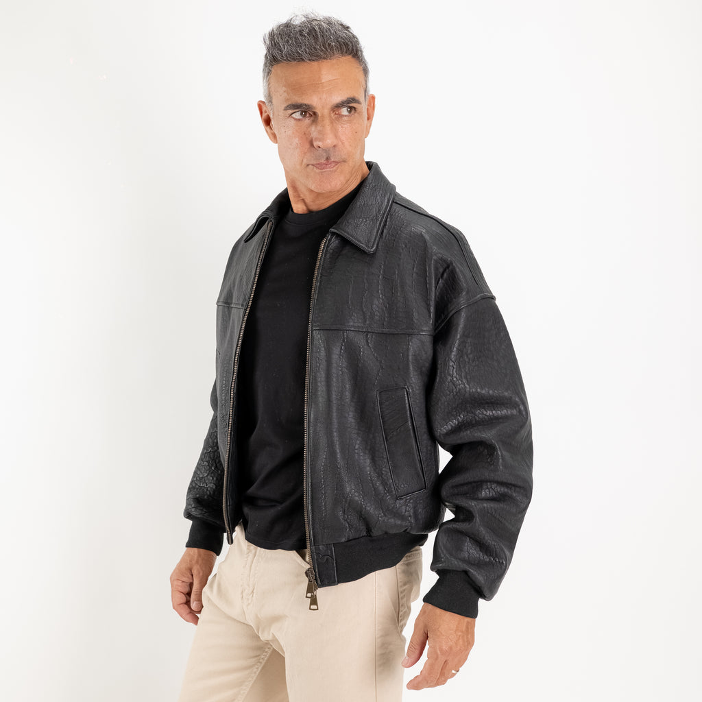 Giacca in Vera Pelle Effetto Materico con Colletto Classico - Nero