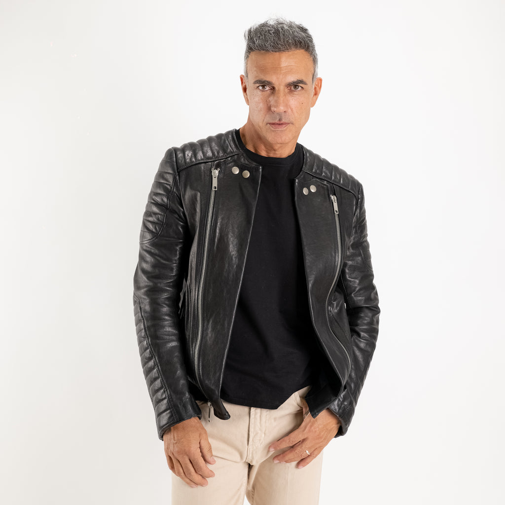 Biker in Vera Pelle con Zip Asimmetriche - Nero