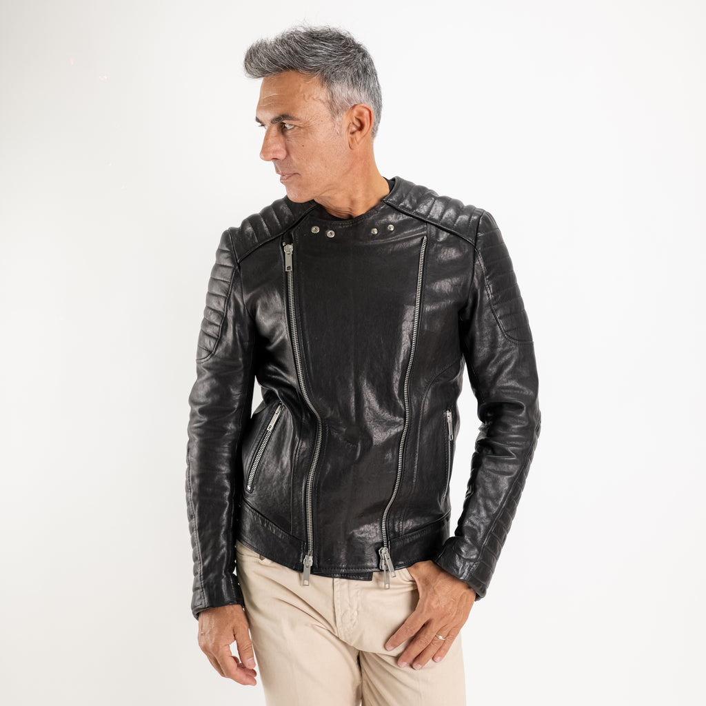 Biker in Vera Pelle con Zip Asimmetriche - Nero
