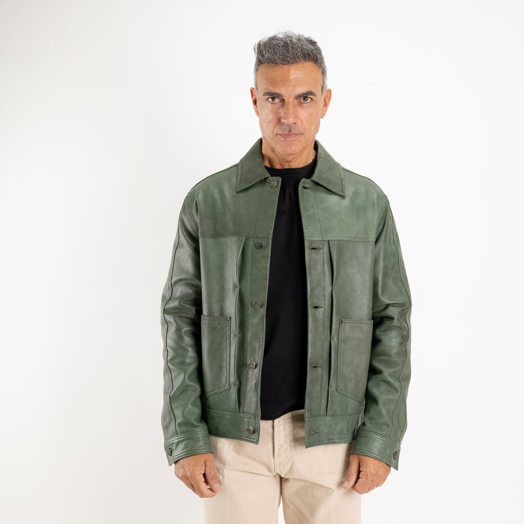 Giacca Trucker in Vera Pelle con Tasche Applicate - Verde