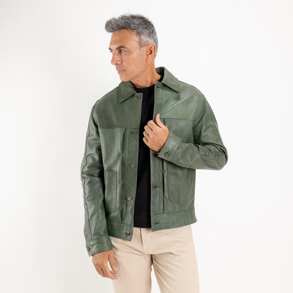 Giacca Trucker in Vera Pelle con Tasche Applicate - Verde