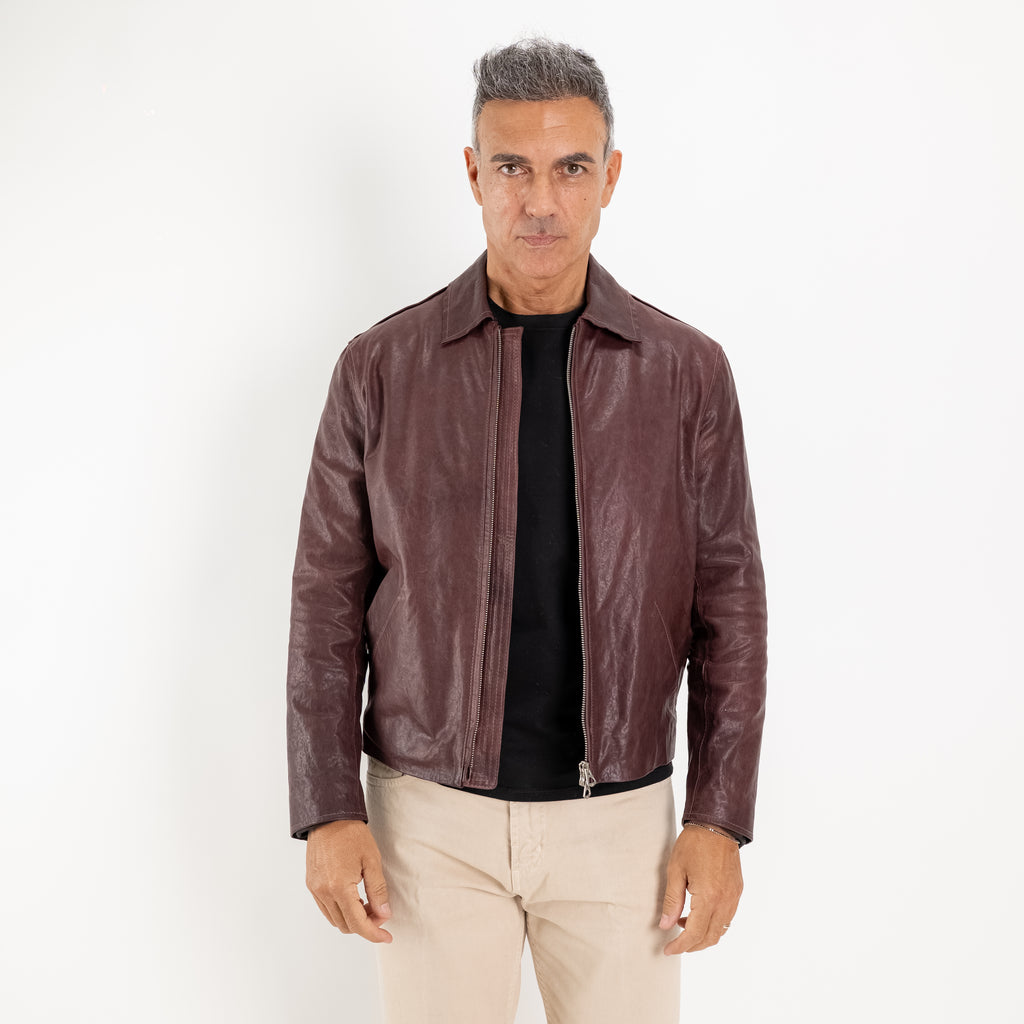 Giacca in Vera Pelle Vegetale con Colletto Classico - Bordeaux