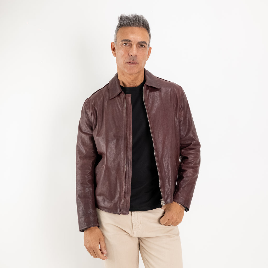 Giacca in Vera Pelle Vegetale con Colletto Classico - Bordeaux
