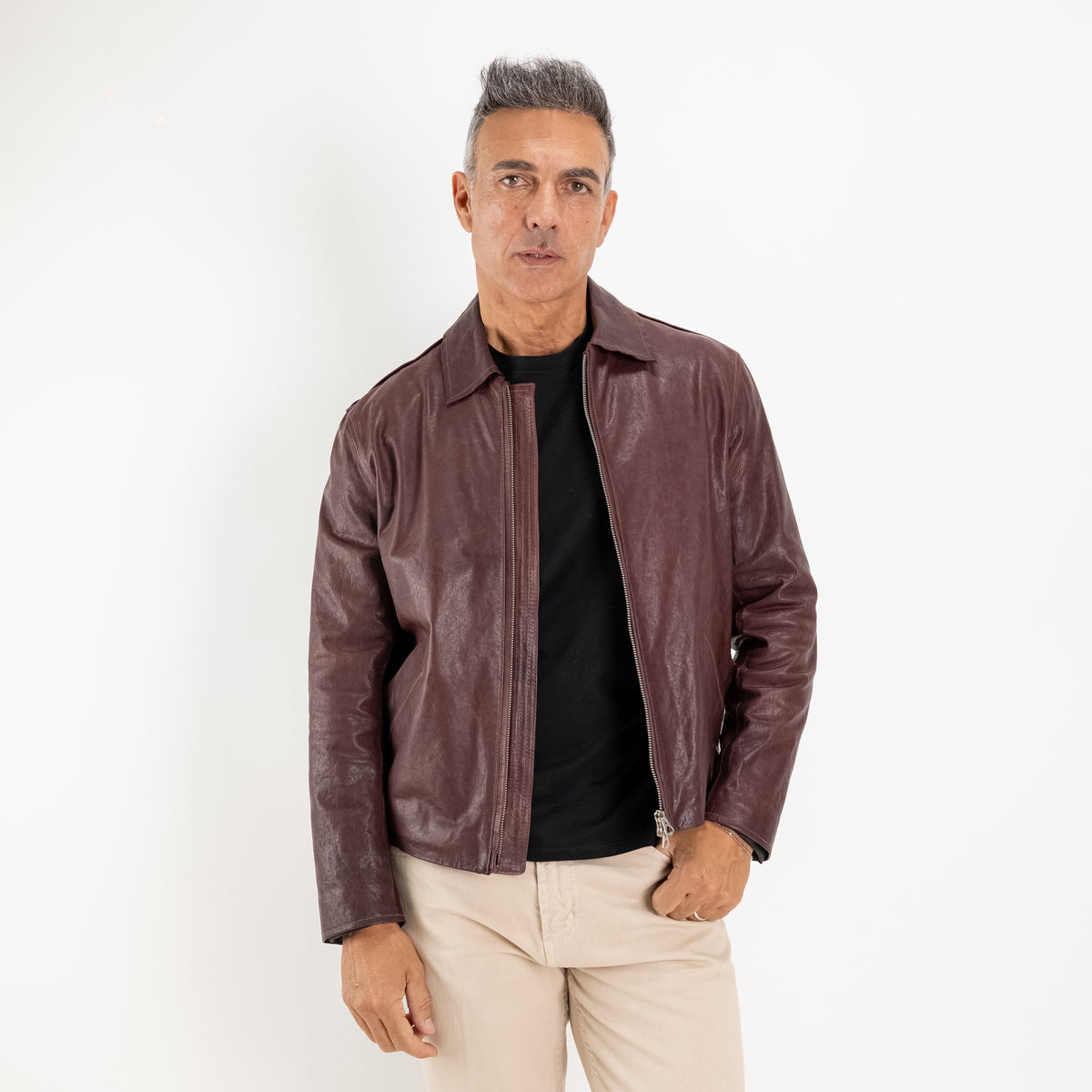 Giacca in Vera Pelle Vegetale con Colletto Classico - Bordeaux
